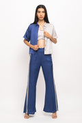 Blue Bemberg Modal Silk Colorblock Crop Shirt And Pant Set