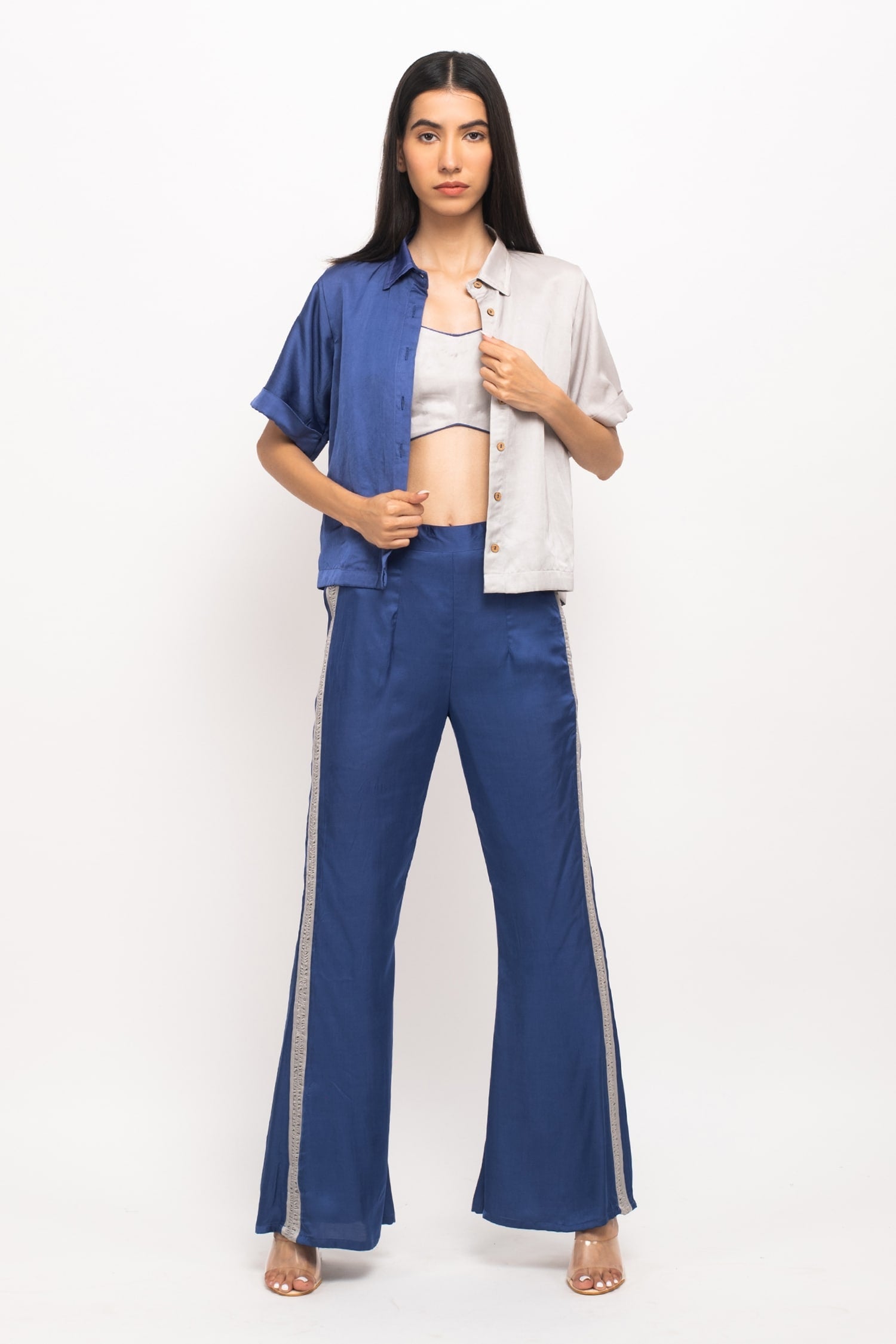 Blue Bemberg Modal Silk Colorblock Crop Shirt And Pant Set
