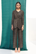 Black Polyester V Neck Metallic Pleated Top And Pant Set For Women