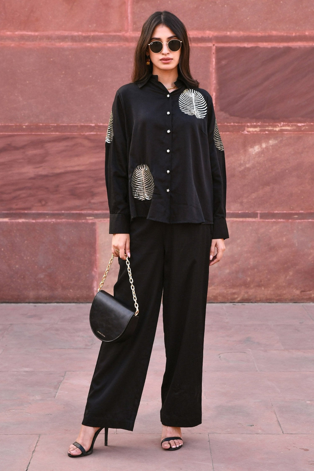 Black Cotton Embroidered Shirt And Pant Set