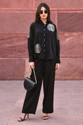 Black Cotton Embroidered Shirt And Pant Set