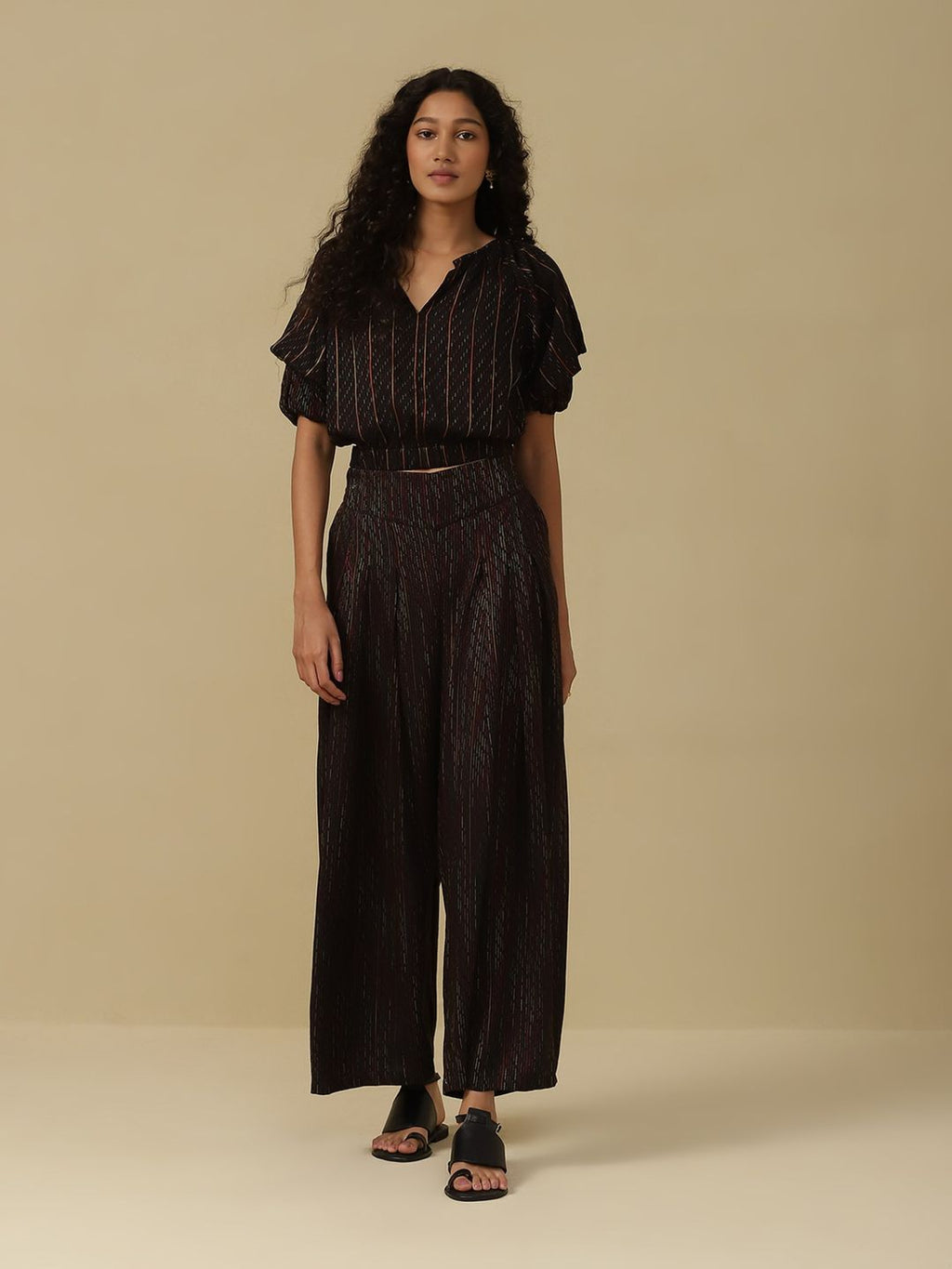 Black Yarn Dyed Top with Palazzo (Set of 2)