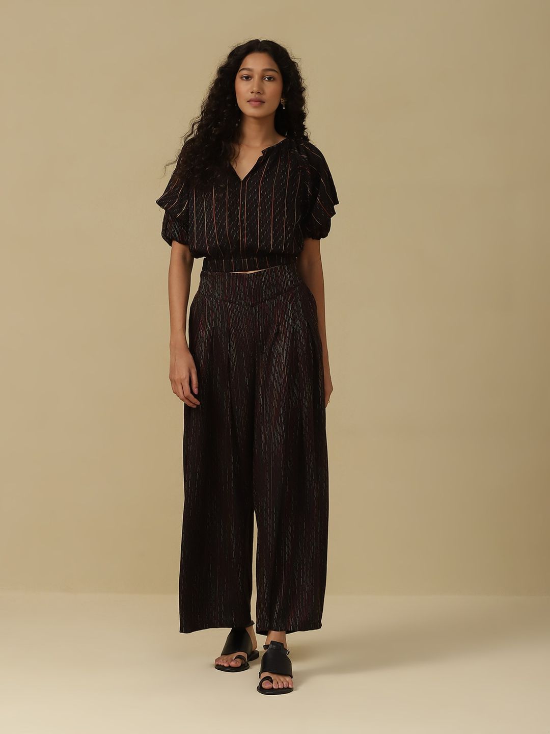 Black Yarn Dyed Top with Palazzo (Set of 2)