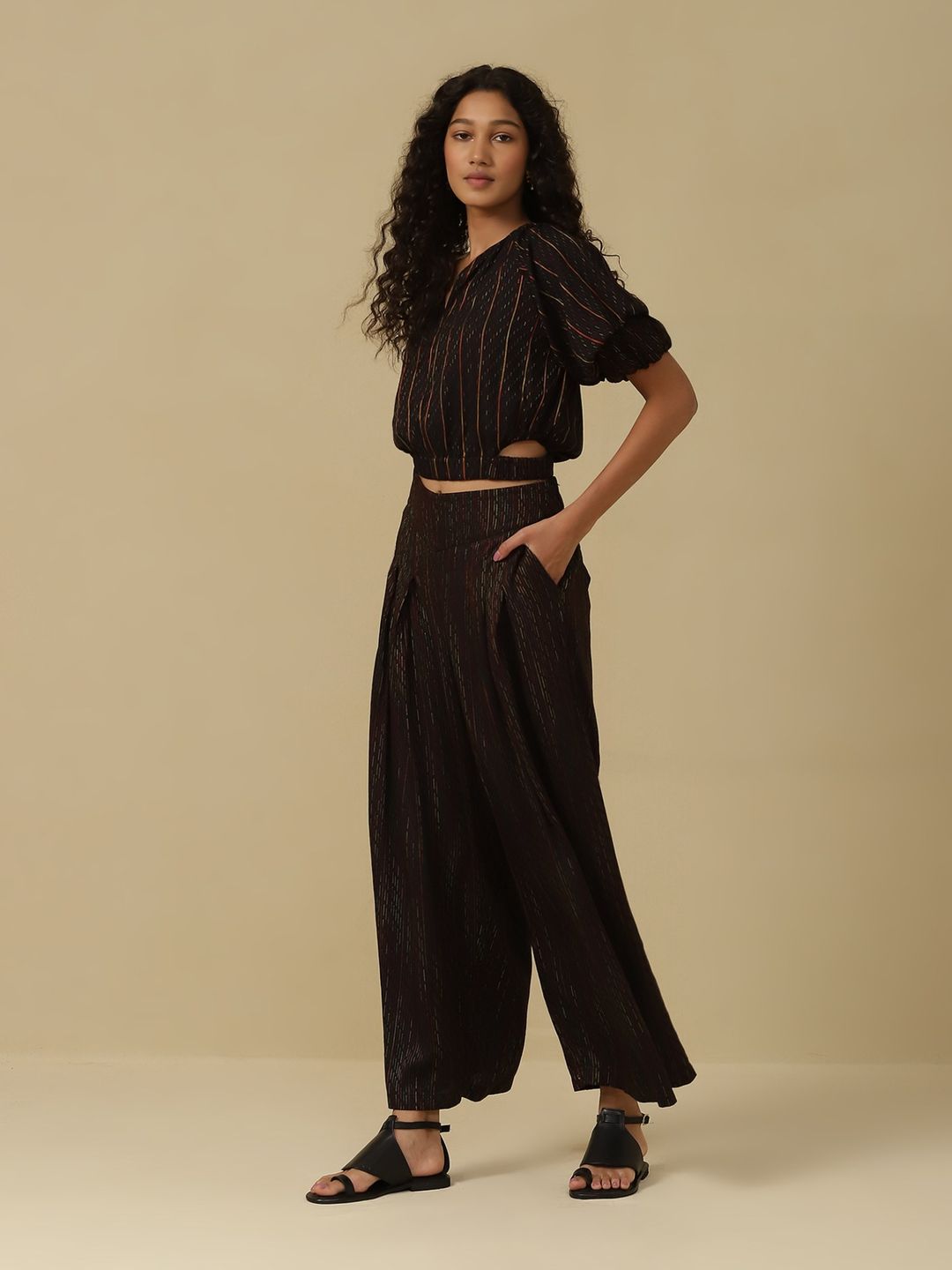 Black Yarn Dyed Top with Palazzo (Set of 2)