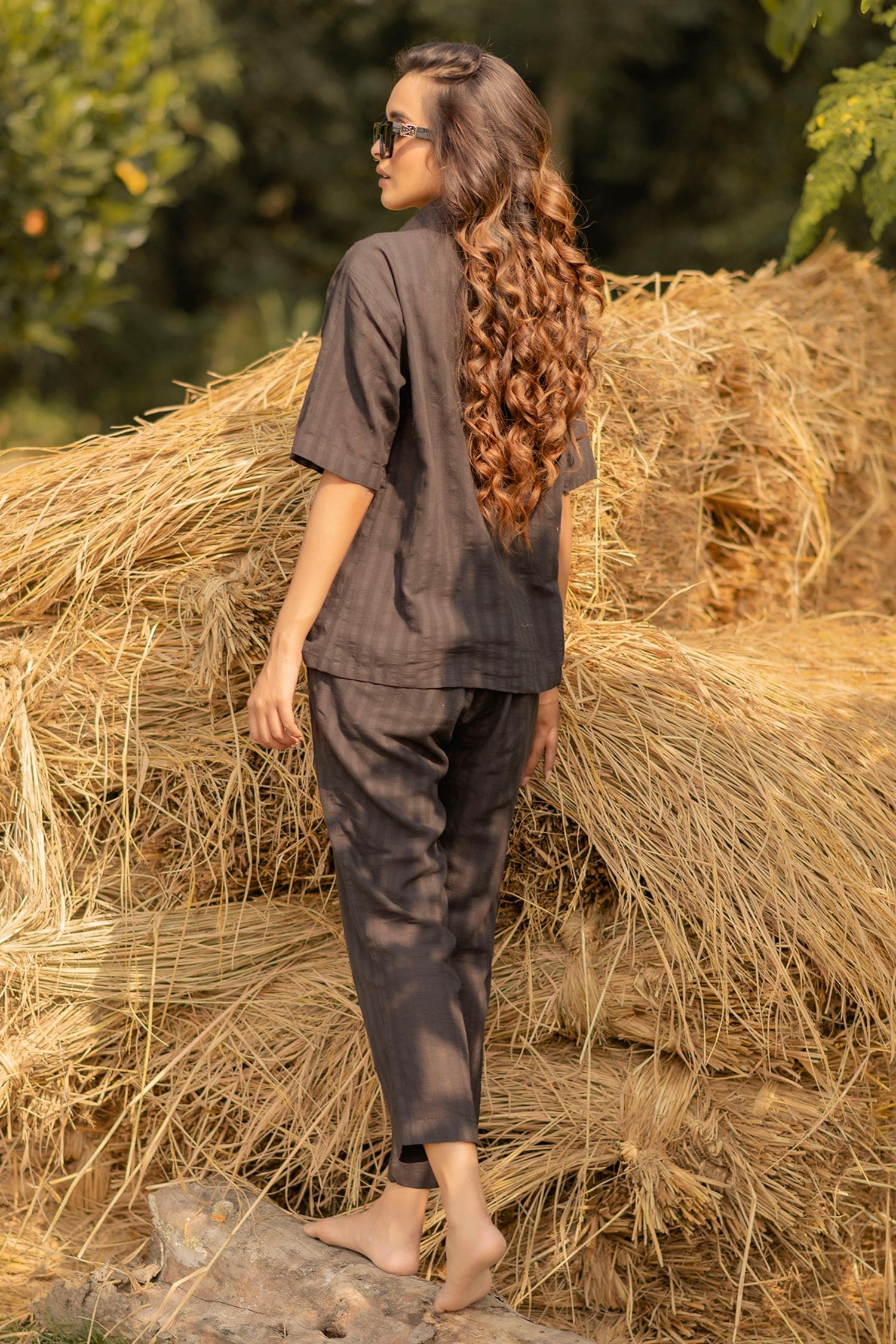 Black Self Stripe Handloom Cotton Straight Collar Pant Set