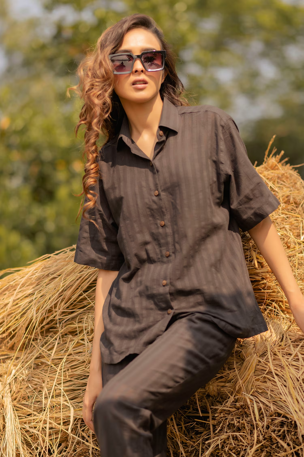 Black Self Stripe Handloom Cotton Straight Collar Pant Set