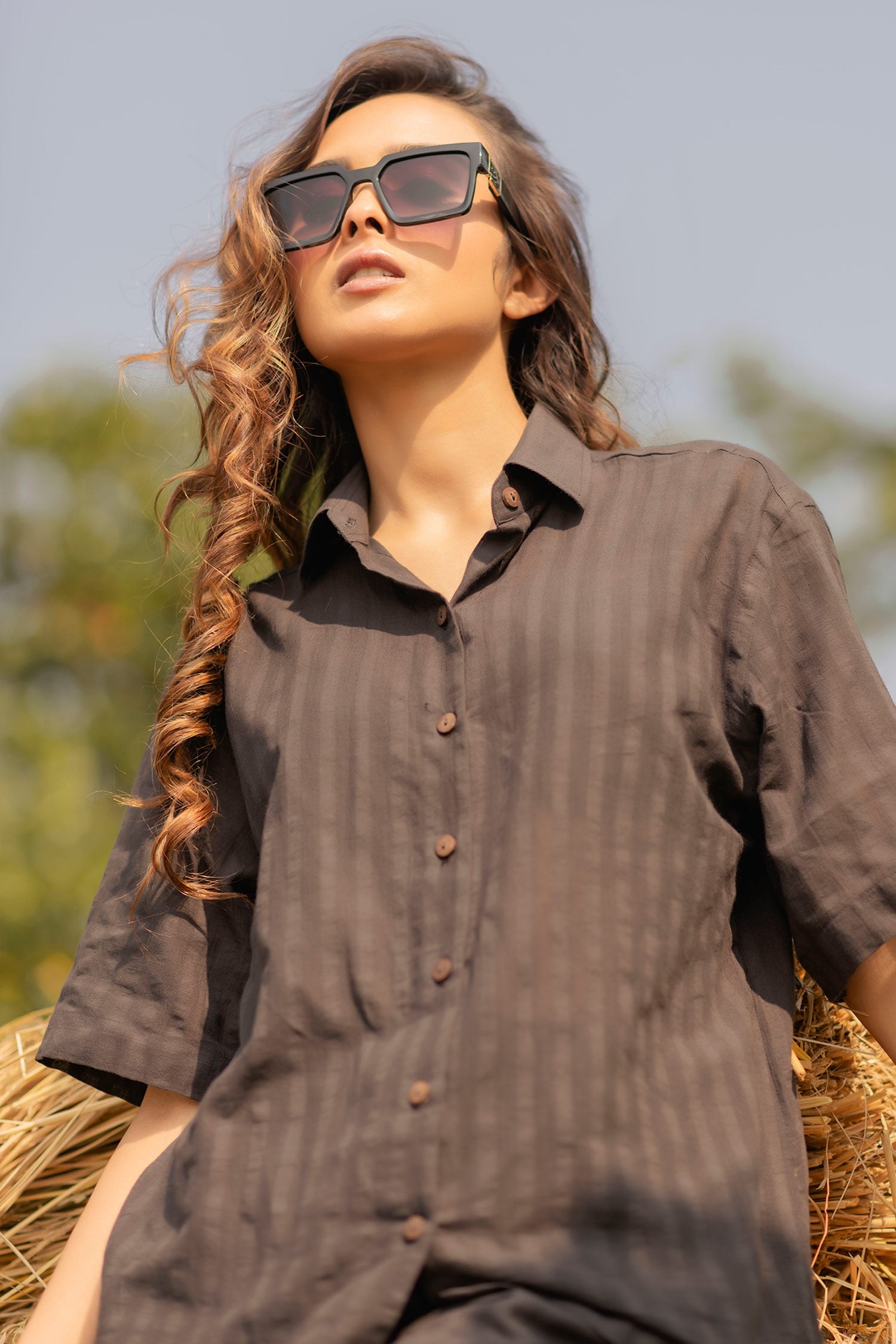 Black Self Stripe Handloom Cotton Straight Collar Pant Set