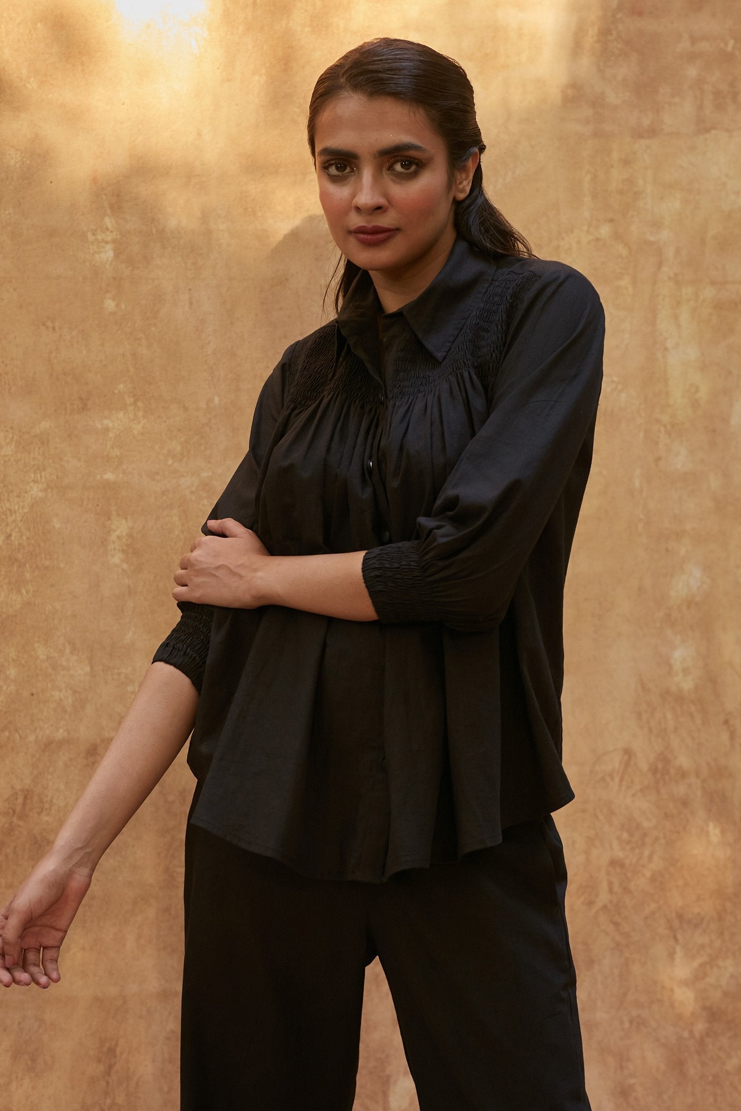 Black Cotton Linen Shirt With Pant