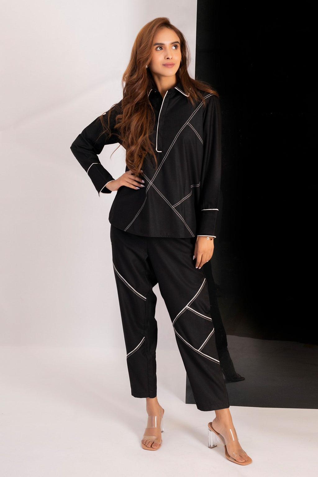 Black Suiting Viscose Our Boss Lady Embroidered Shirt And Pant Set