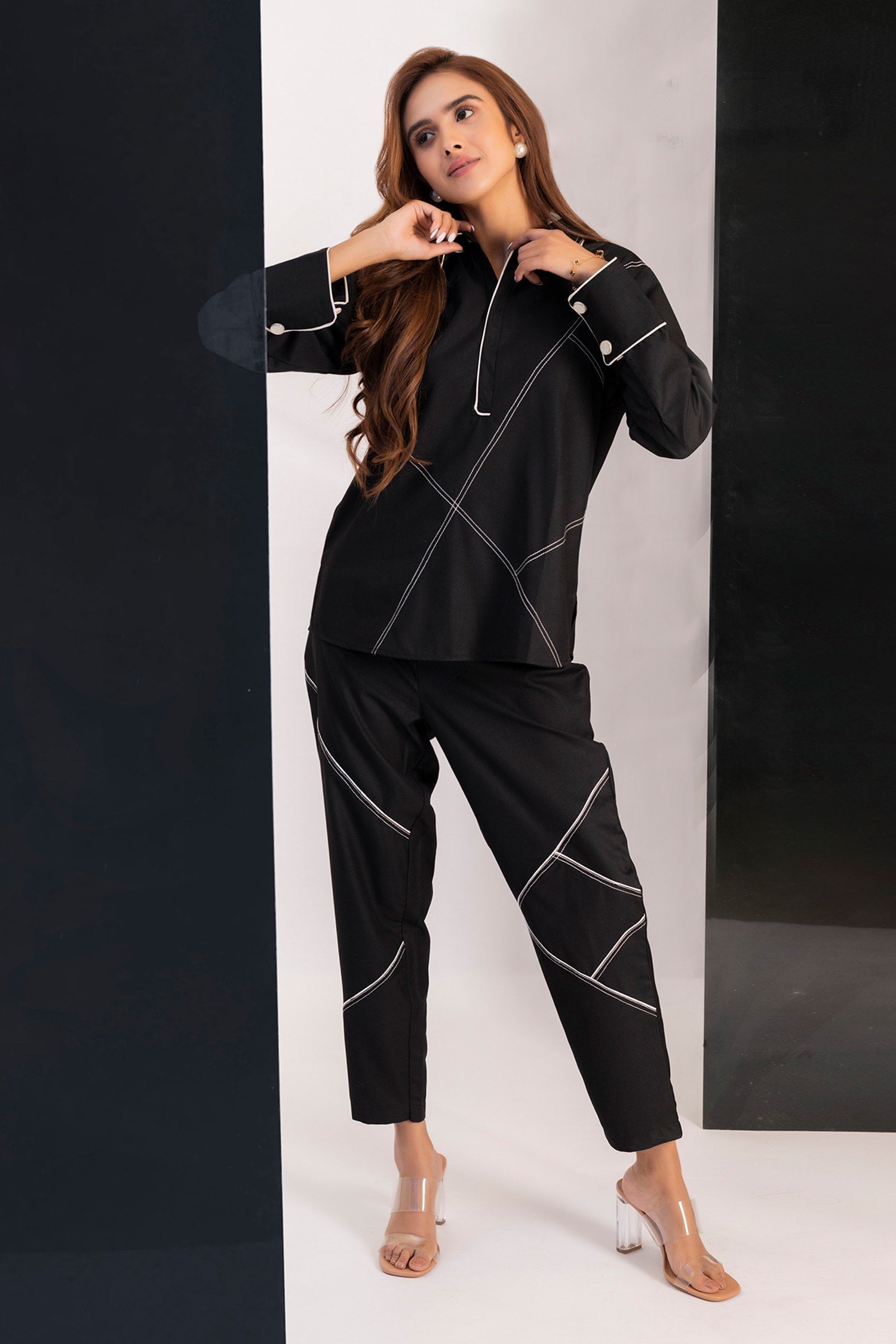 Black Suiting Viscose Our Boss Lady Embroidered Shirt And Pant Set