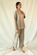Beige Cotton Silk Satin Hand Painted Mud Top And Pant Set For Women