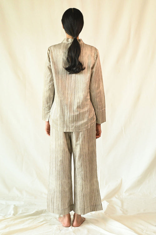 Beige Cotton Silk Satin Hand Painted Mud Top And Pant Set For Women