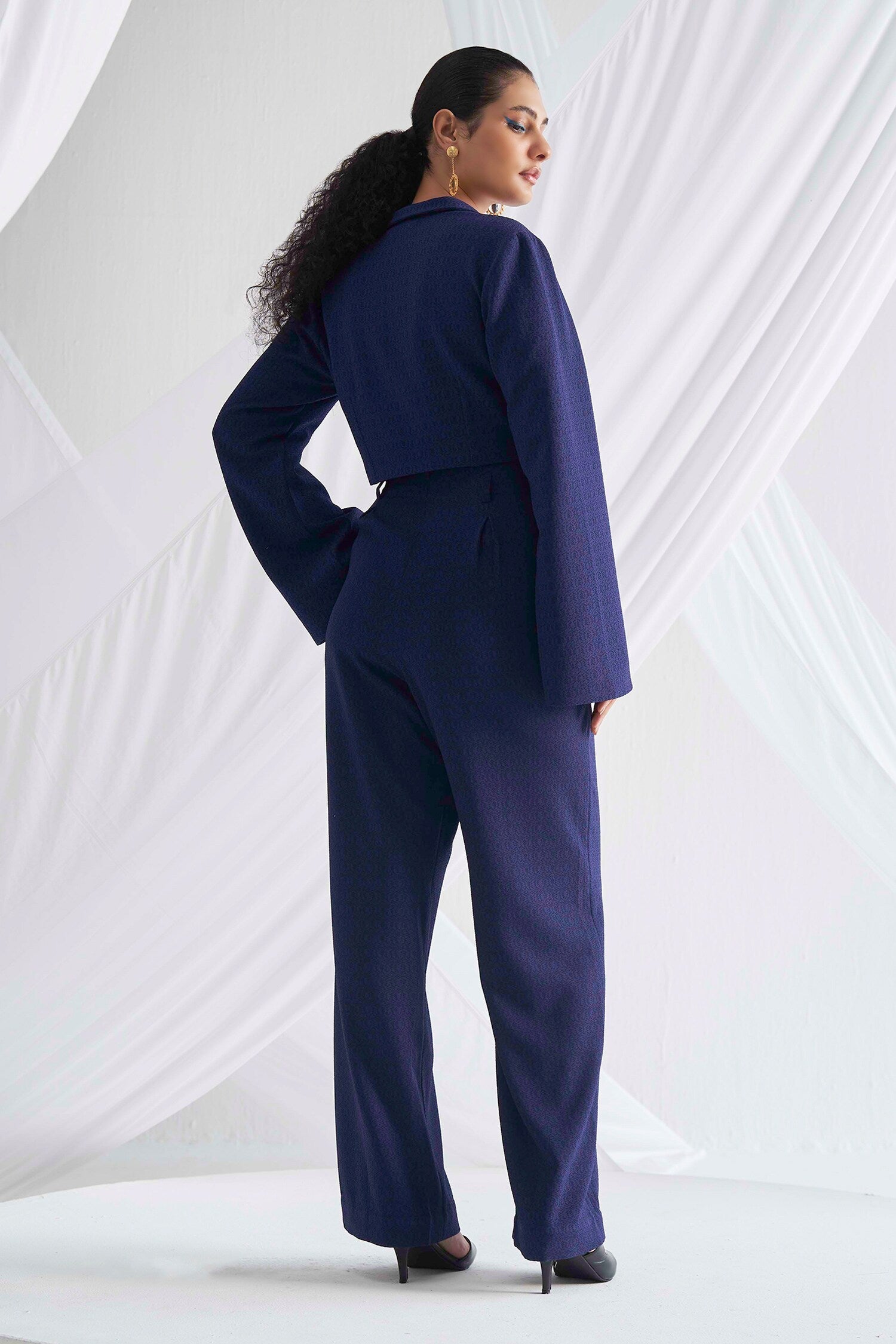 Blue Biscuit Crepe Plain Nirvana Crop Top And Pleated Trouser Co-ord Set For Women