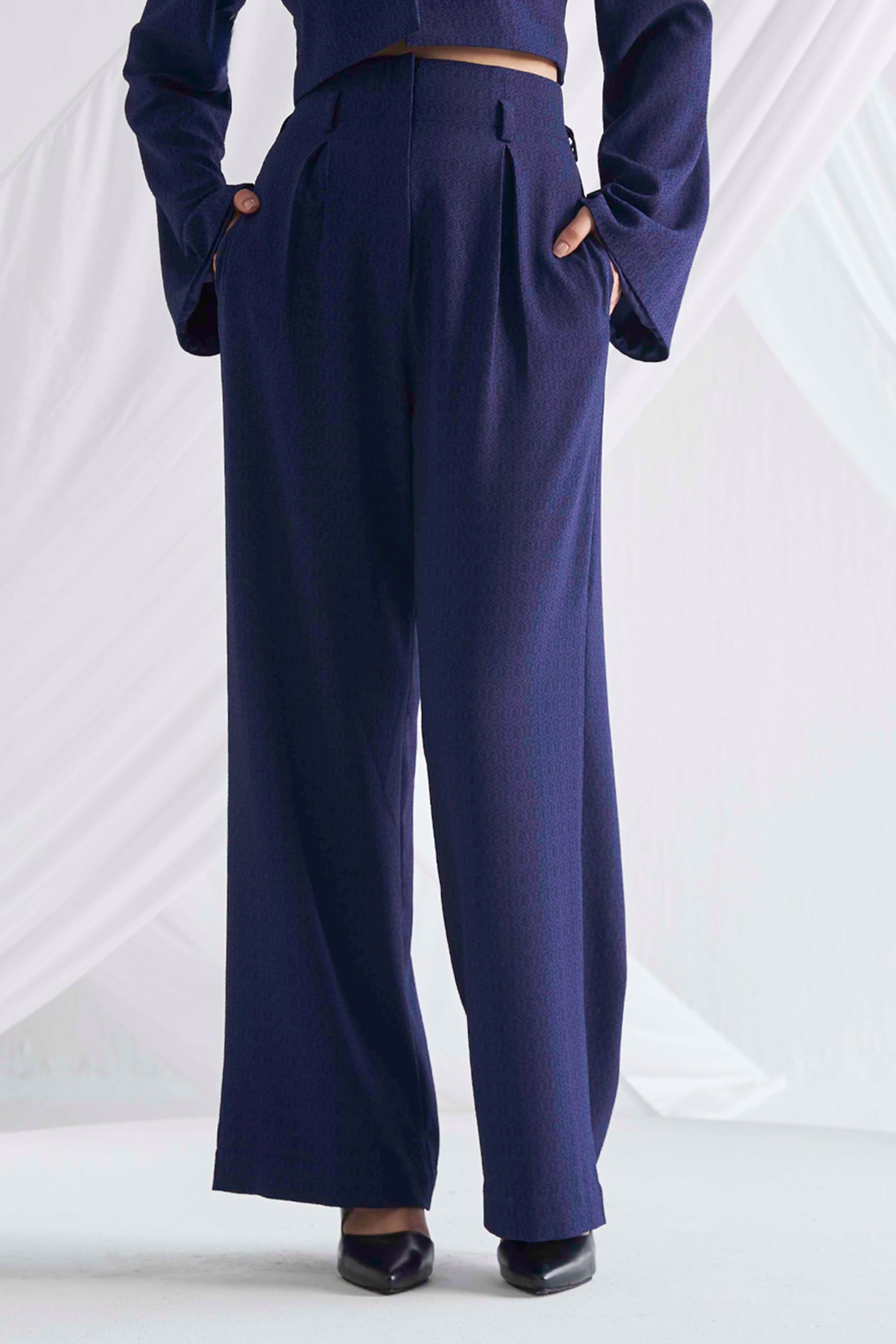 Blue Biscuit Crepe Plain Nirvana Crop Top And Pleated Trouser Co-ord Set For Women