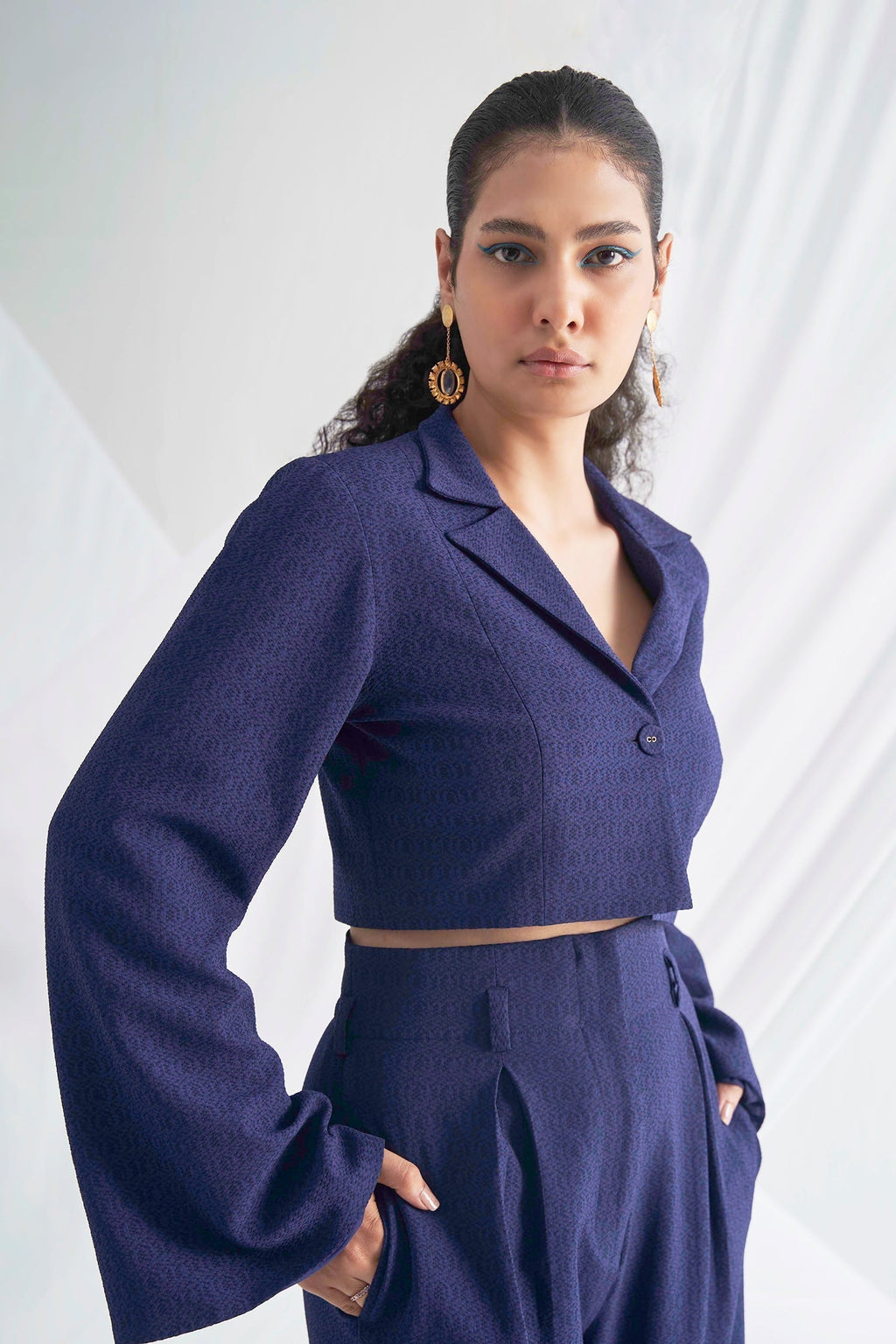 Blue Biscuit Crepe Plain Nirvana Crop Top And Pleated Trouser Co-ord Set For Women