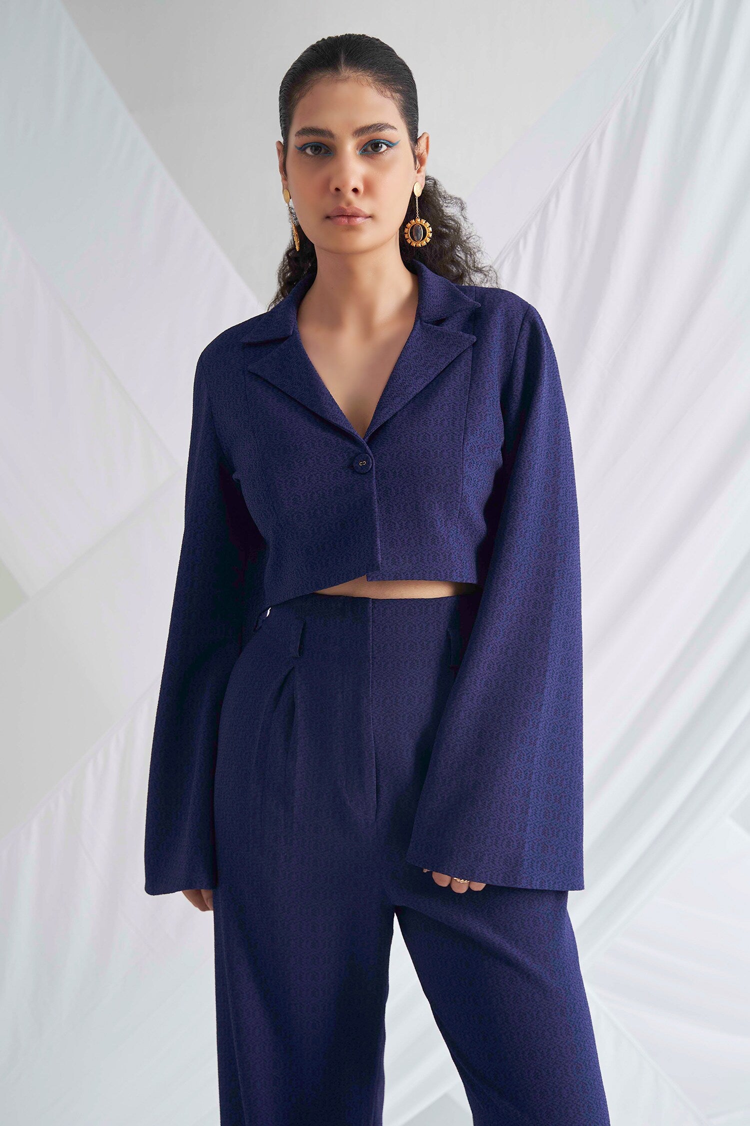 Blue Biscuit Crepe Plain Nirvana Crop Top And Pleated Trouser Co-ord Set For Women