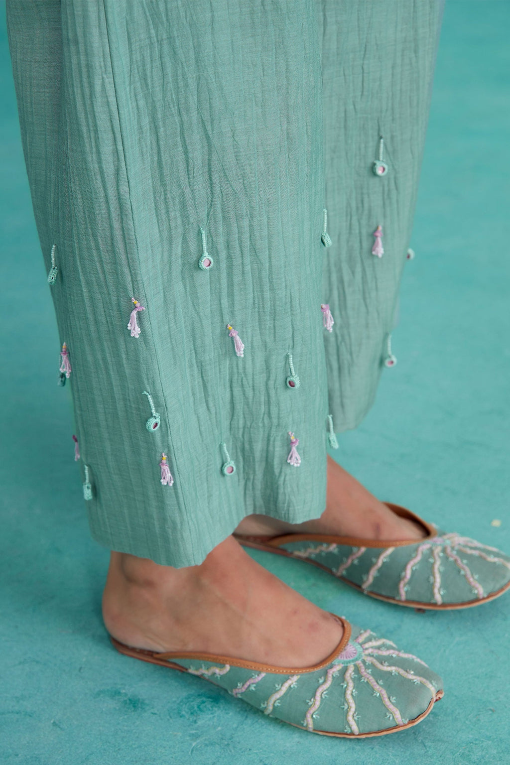 Blue 40g Chanderi Hand Mintylicious Top And Trouser Co-ord Set For Women