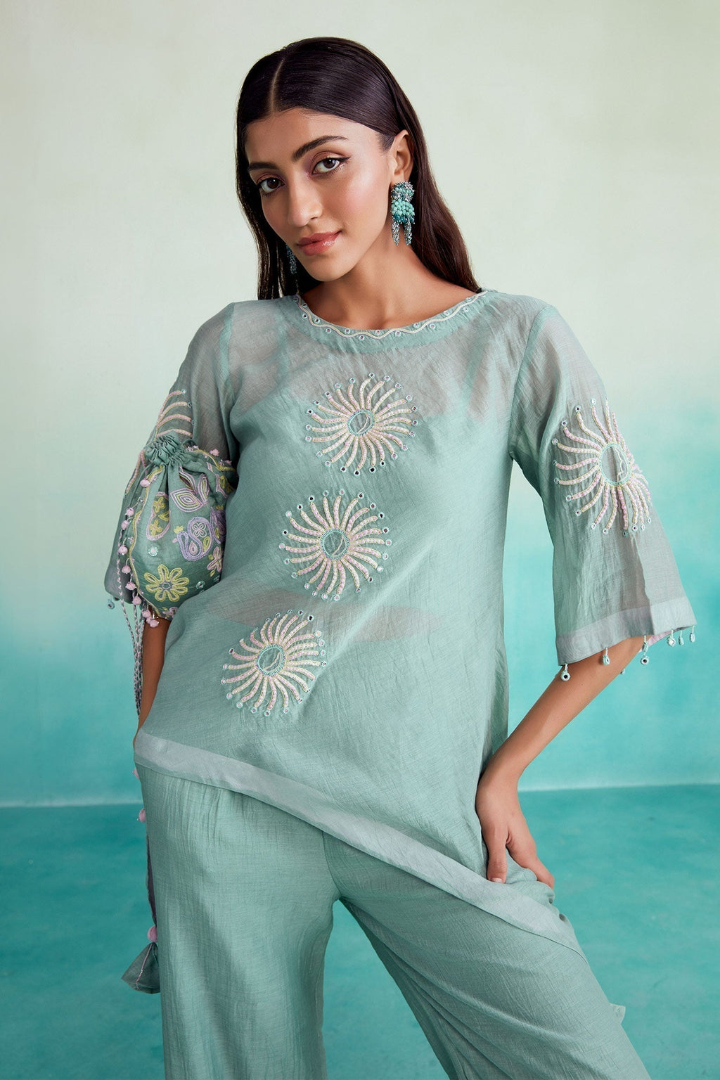 Blue 40g Chanderi Hand Mintylicious Top And Trouser Co-ord Set For Women