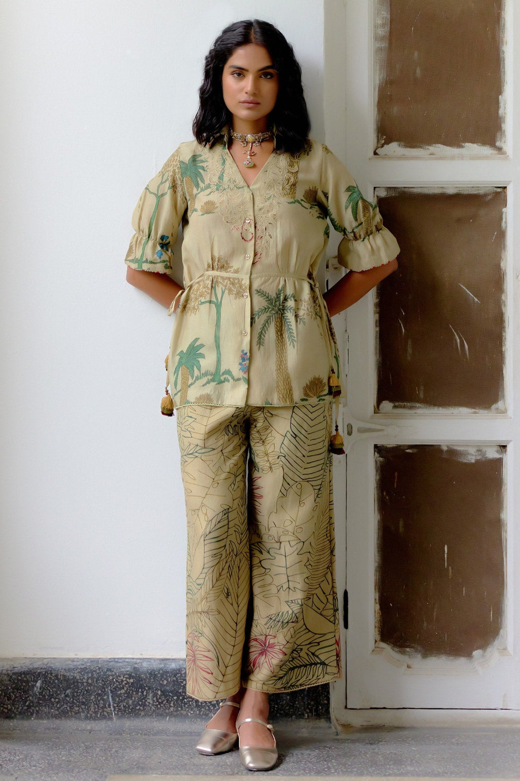 Beige Hand Painted Tropical Kalamkari Pant Set