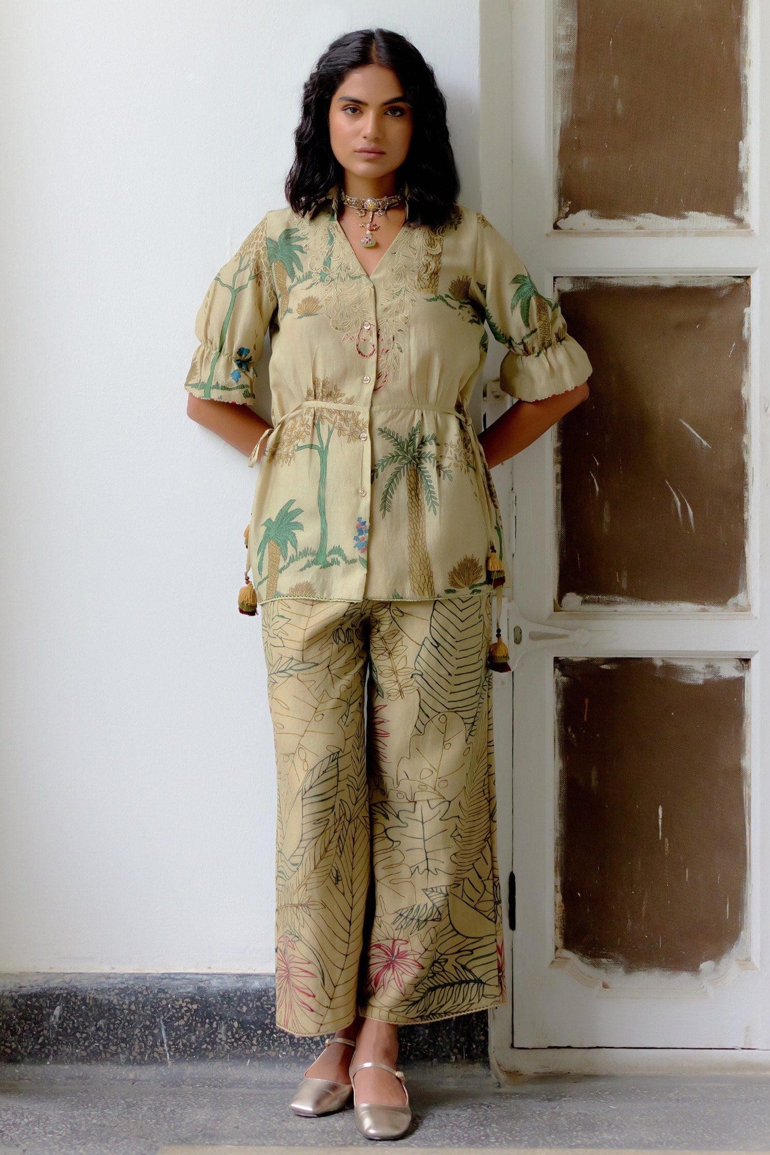 Beige Hand Painted Tropical Kalamkari Pant Set