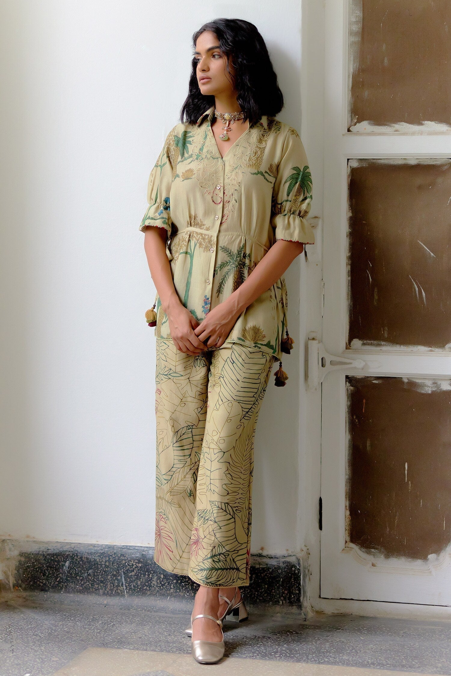 Beige Hand Painted Tropical Kalamkari Pant Set