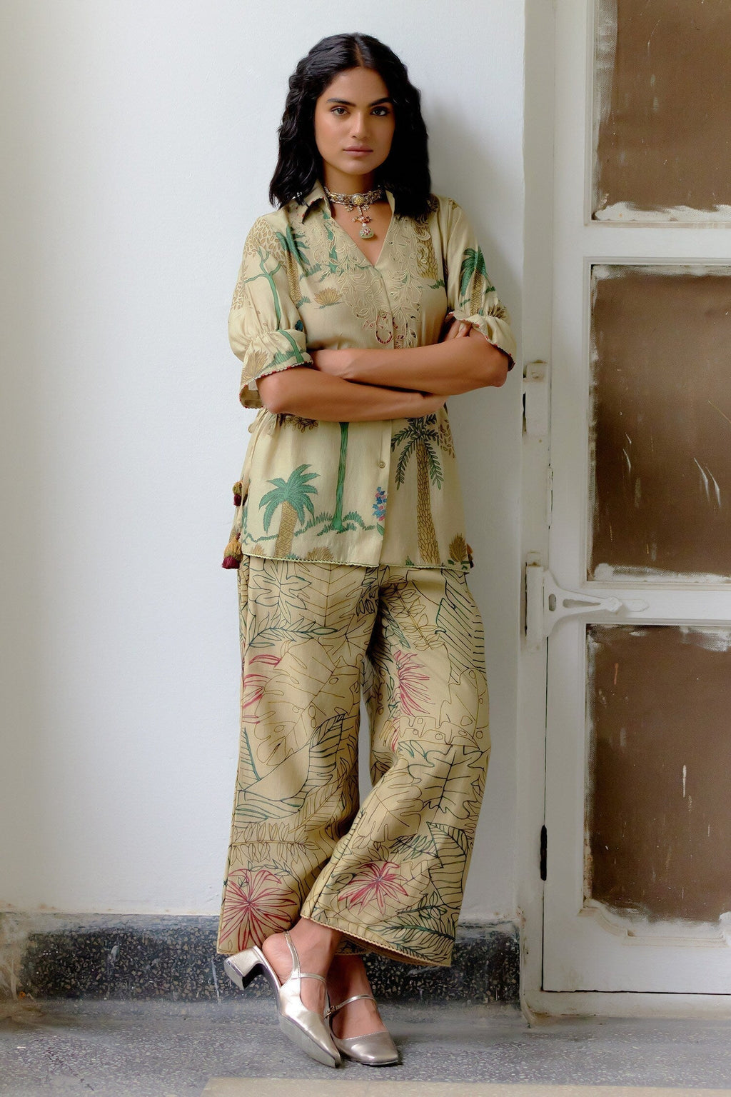 Beige Hand Painted Tropical Kalamkari Pant Set