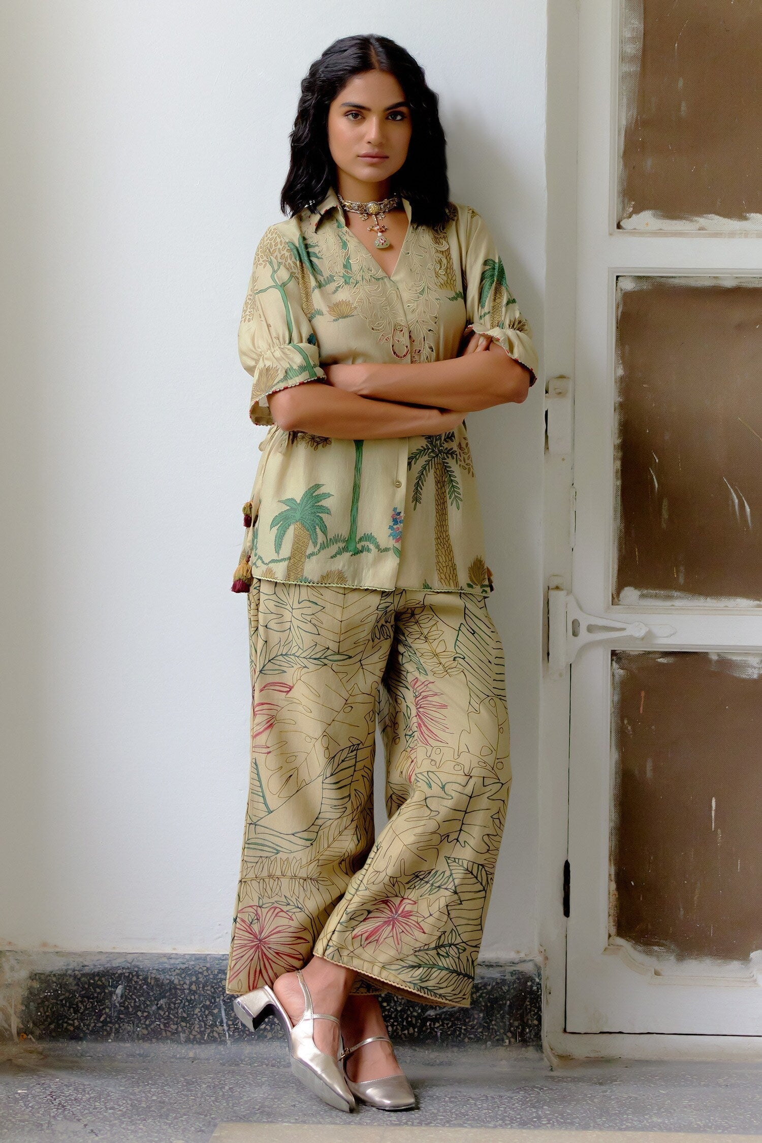 Beige Hand Painted Tropical Kalamkari Pant Set