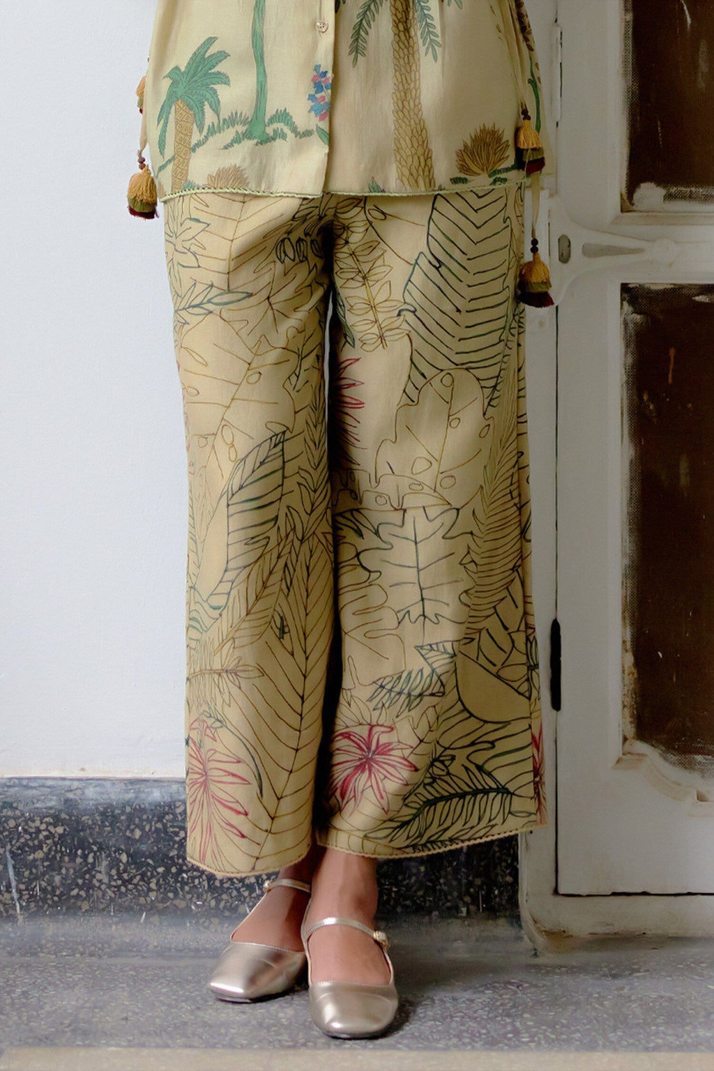 Beige Hand Painted Tropical Kalamkari Pant Set
