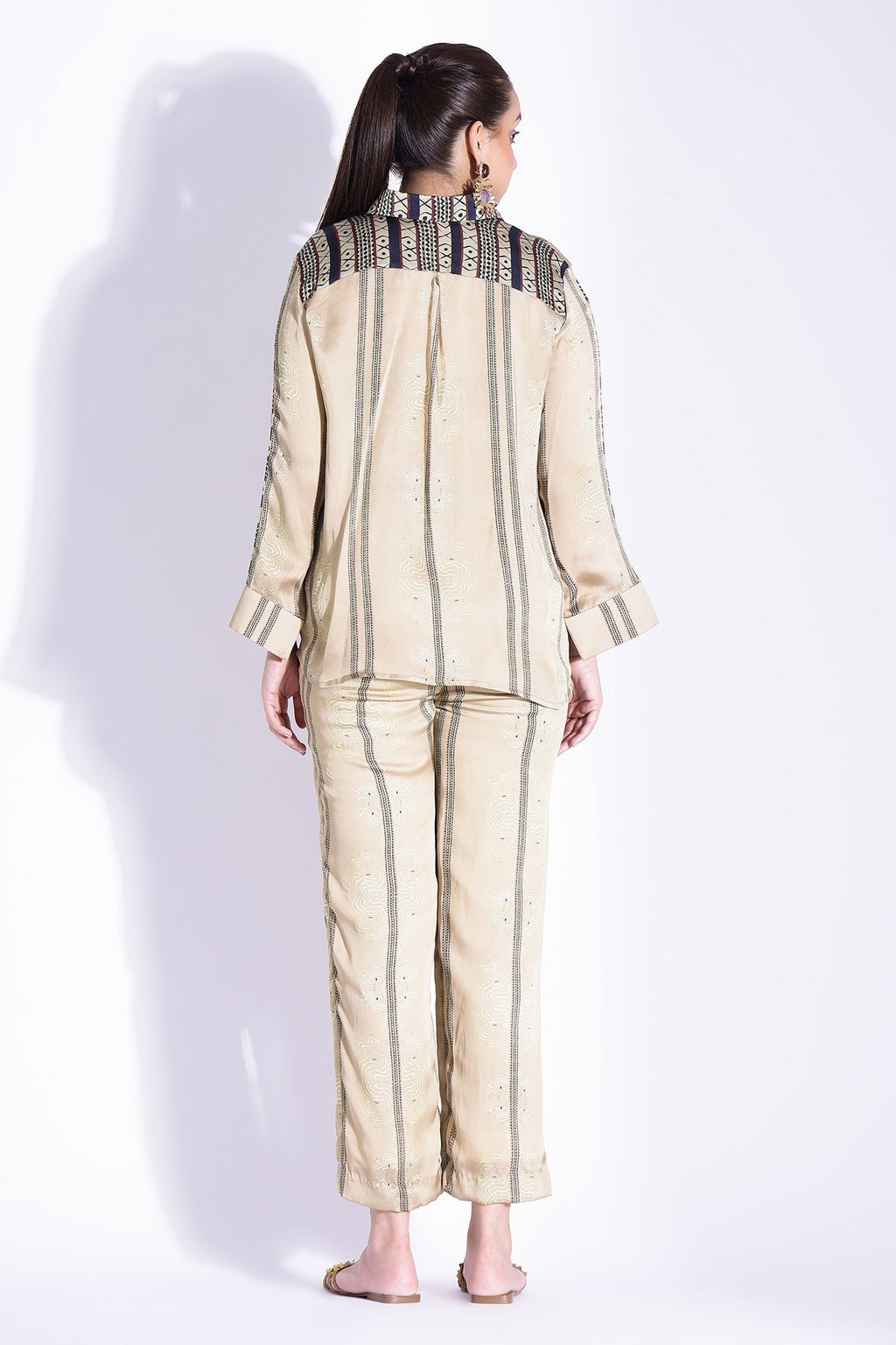 Beige Georgette Satin Digital Printed Placement Shirt And Pant Set