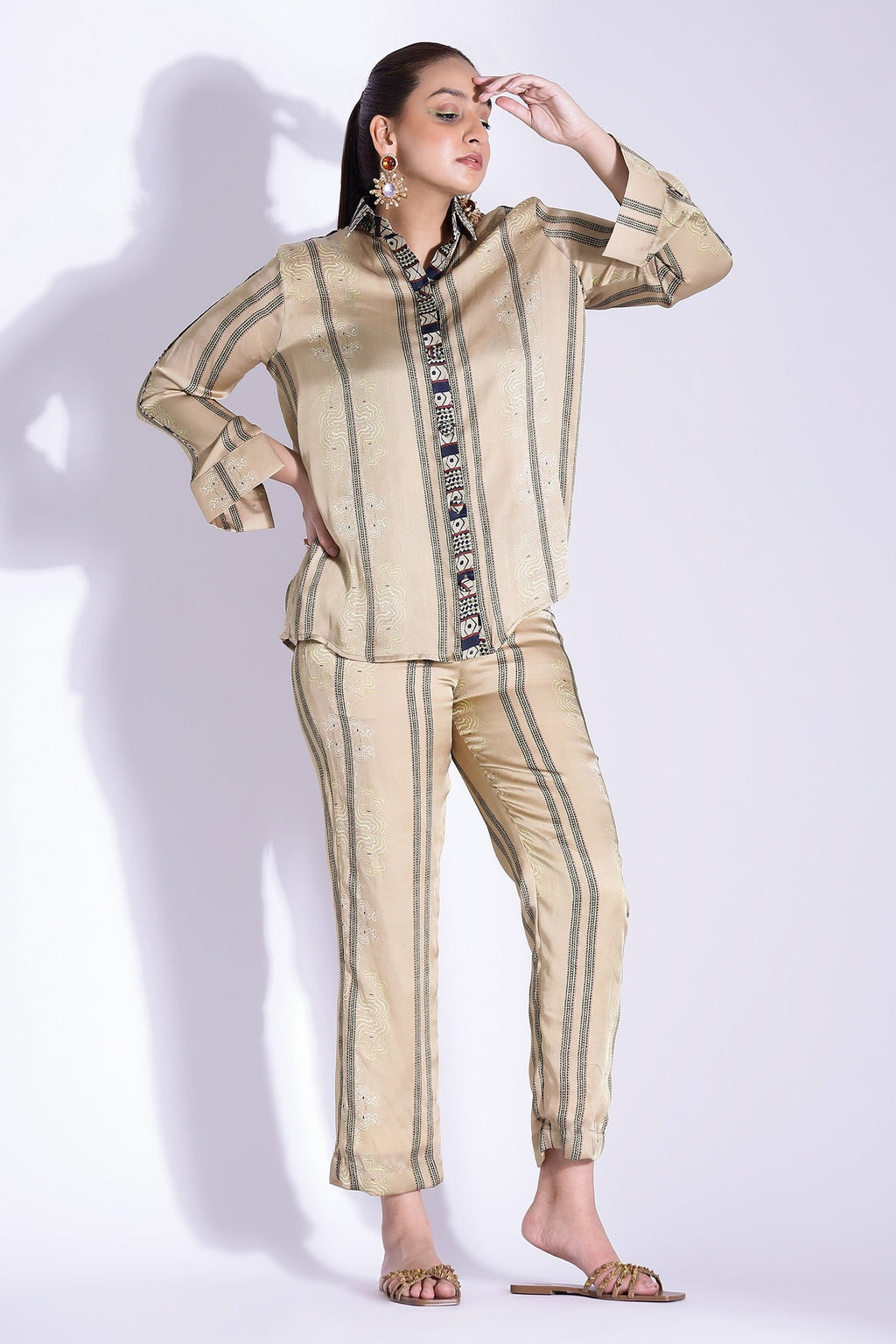 Beige Georgette Satin Digital Printed Placement Shirt And Pant Set