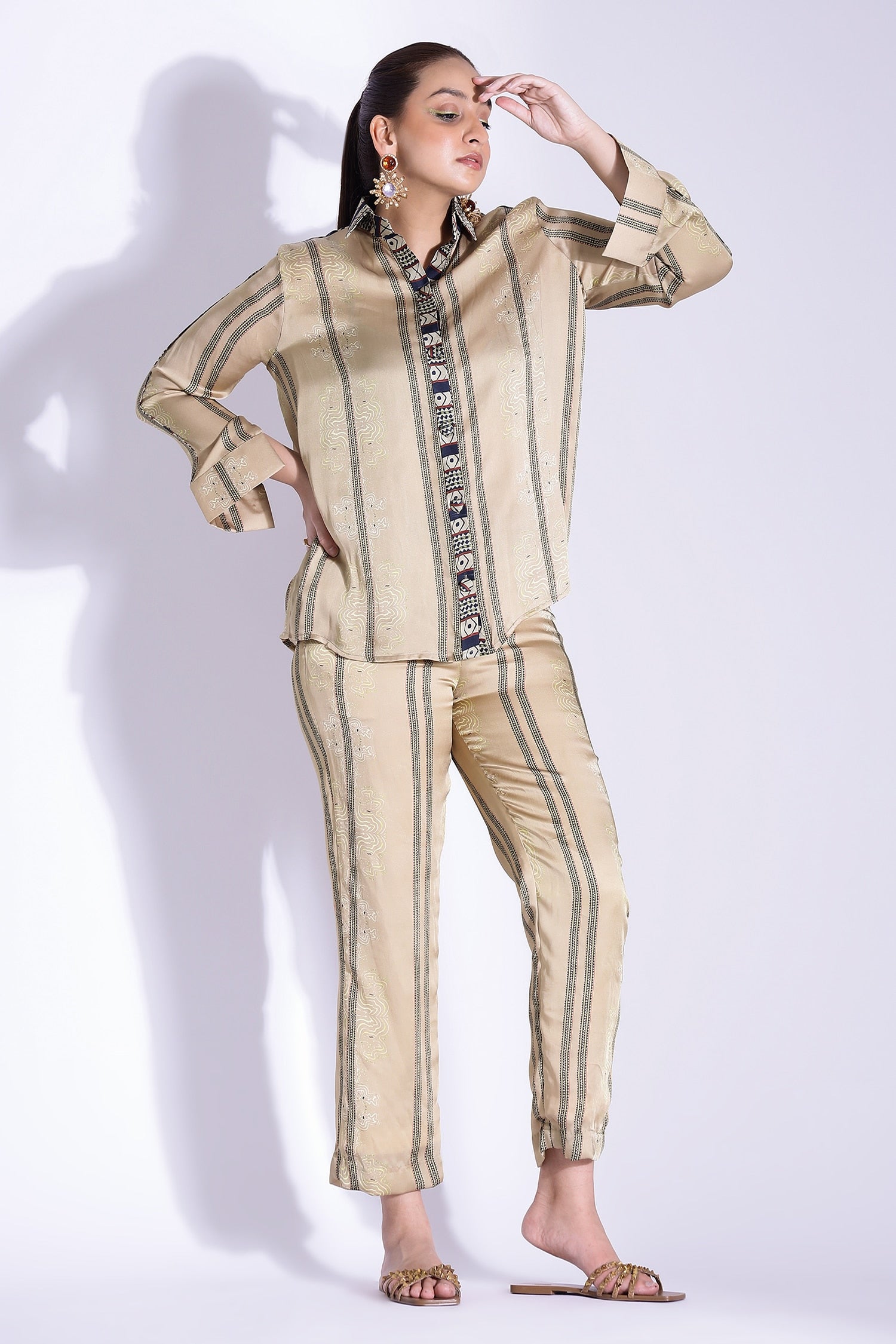 Beige Georgette Satin Digital Printed Placement Shirt And Pant Set