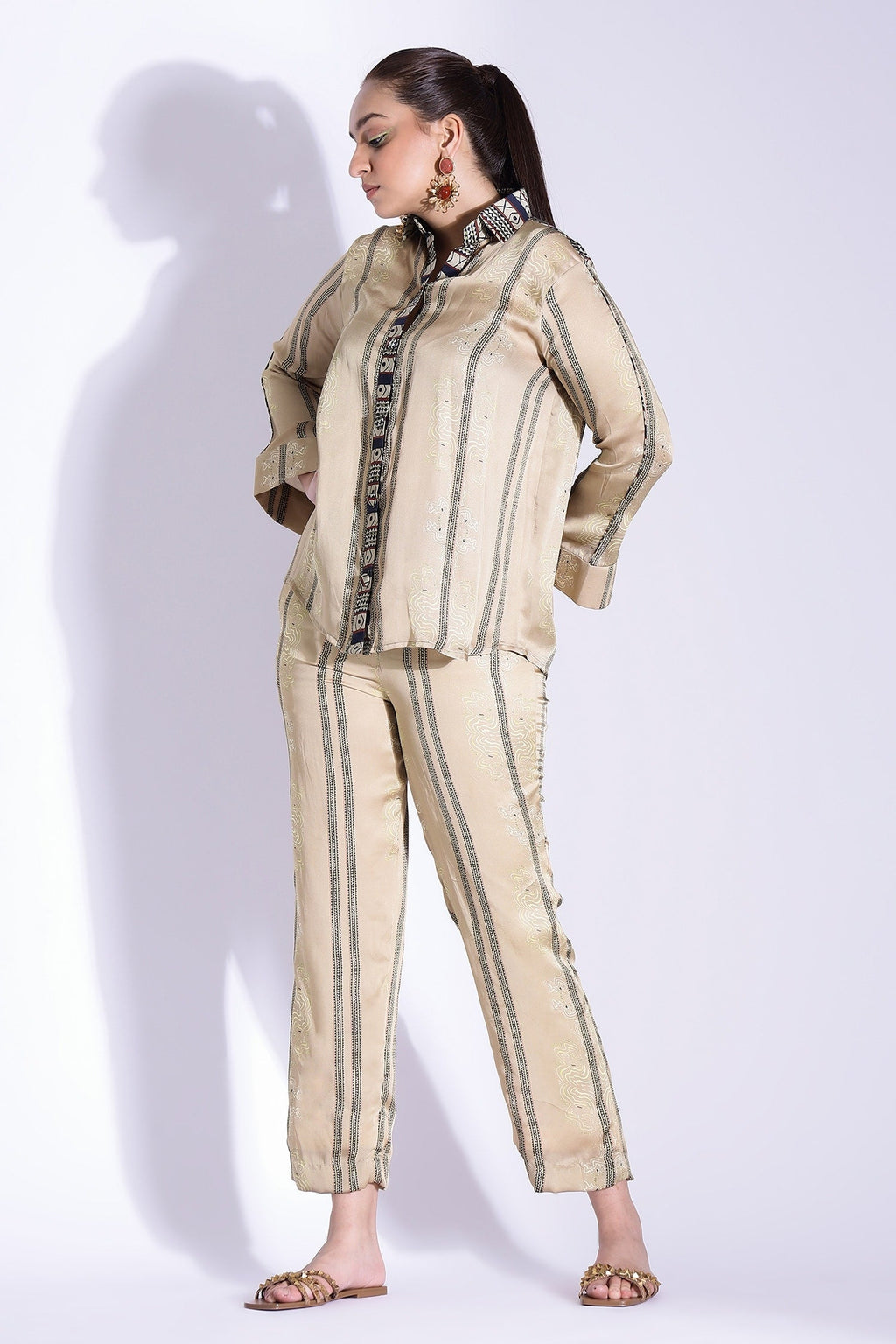 Beige Georgette Satin Digital Printed Placement Shirt And Pant Set