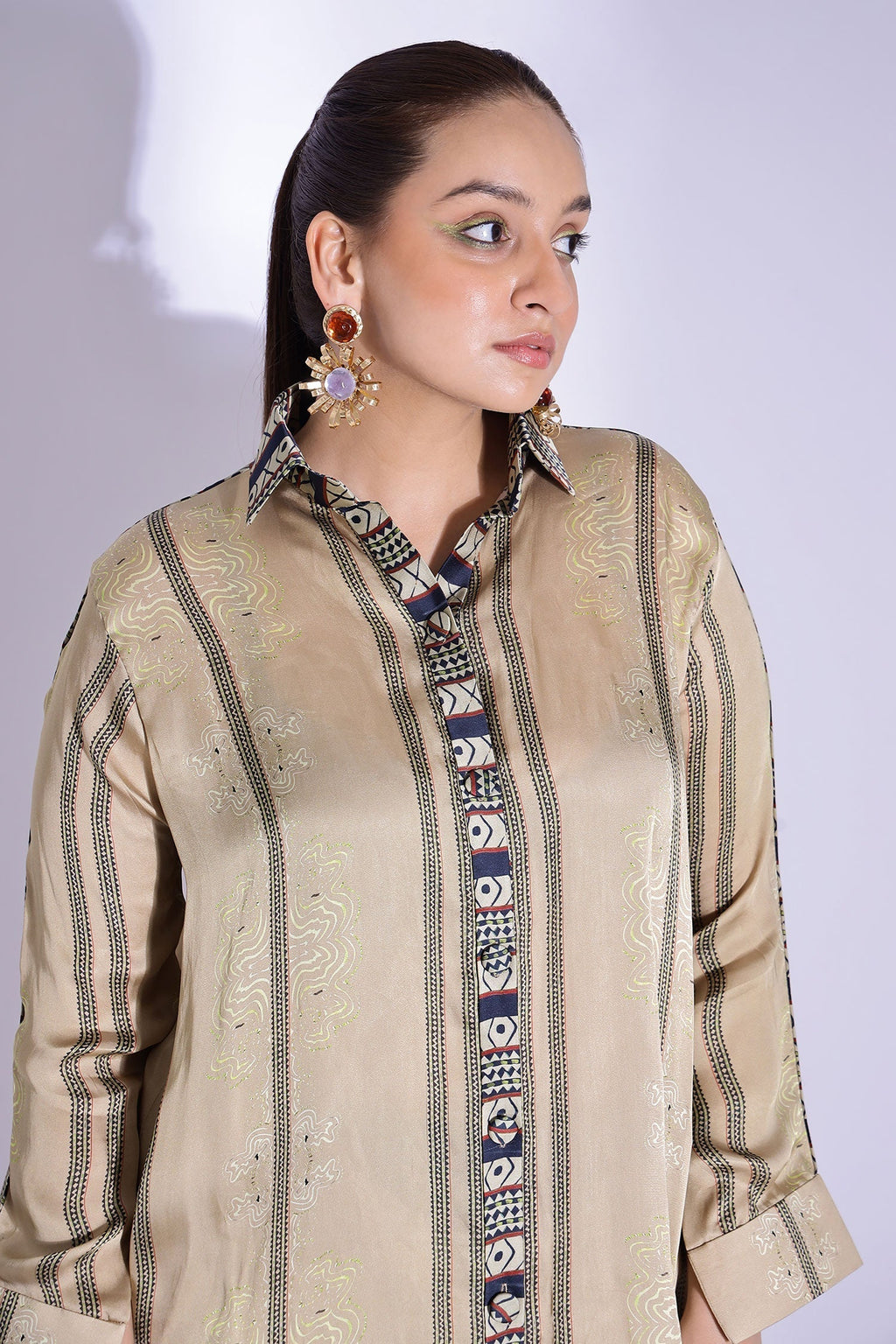 Beige Georgette Satin Digital Printed Placement Shirt And Pant Set