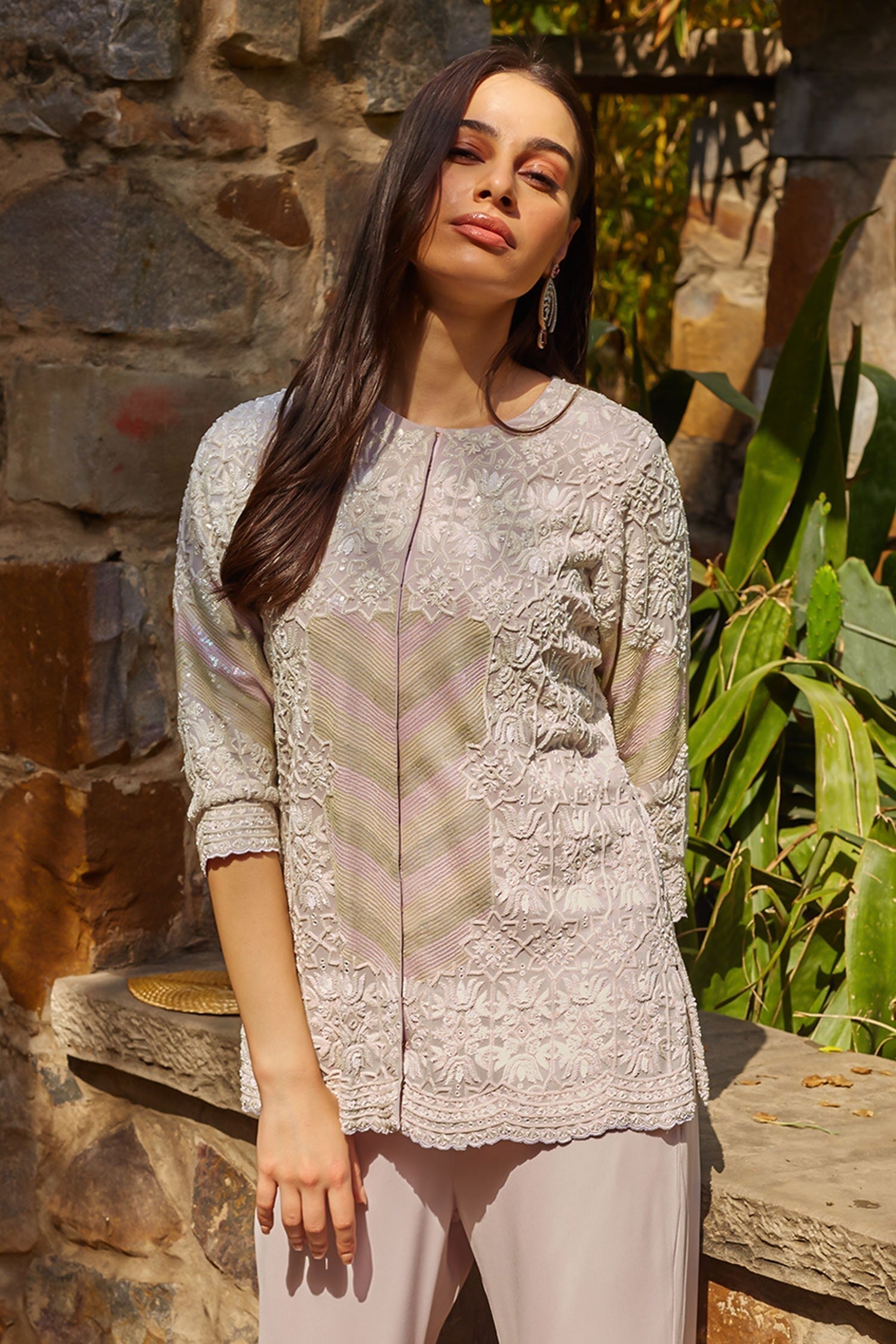 Beige Organza Hand Embroidered Thread Round Neck Pearl Top And Pant Set For Women