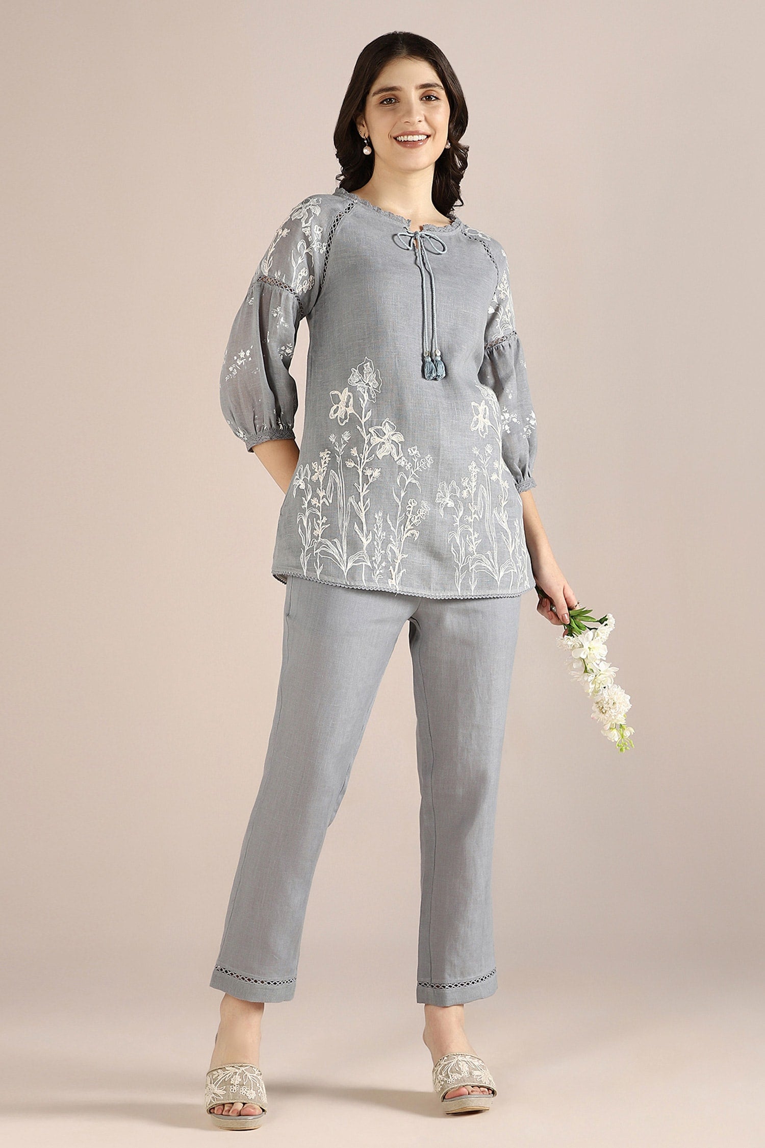 Blue 100% Linen Hand Drawn Floral Savannah Kismat Top With Pant For Women