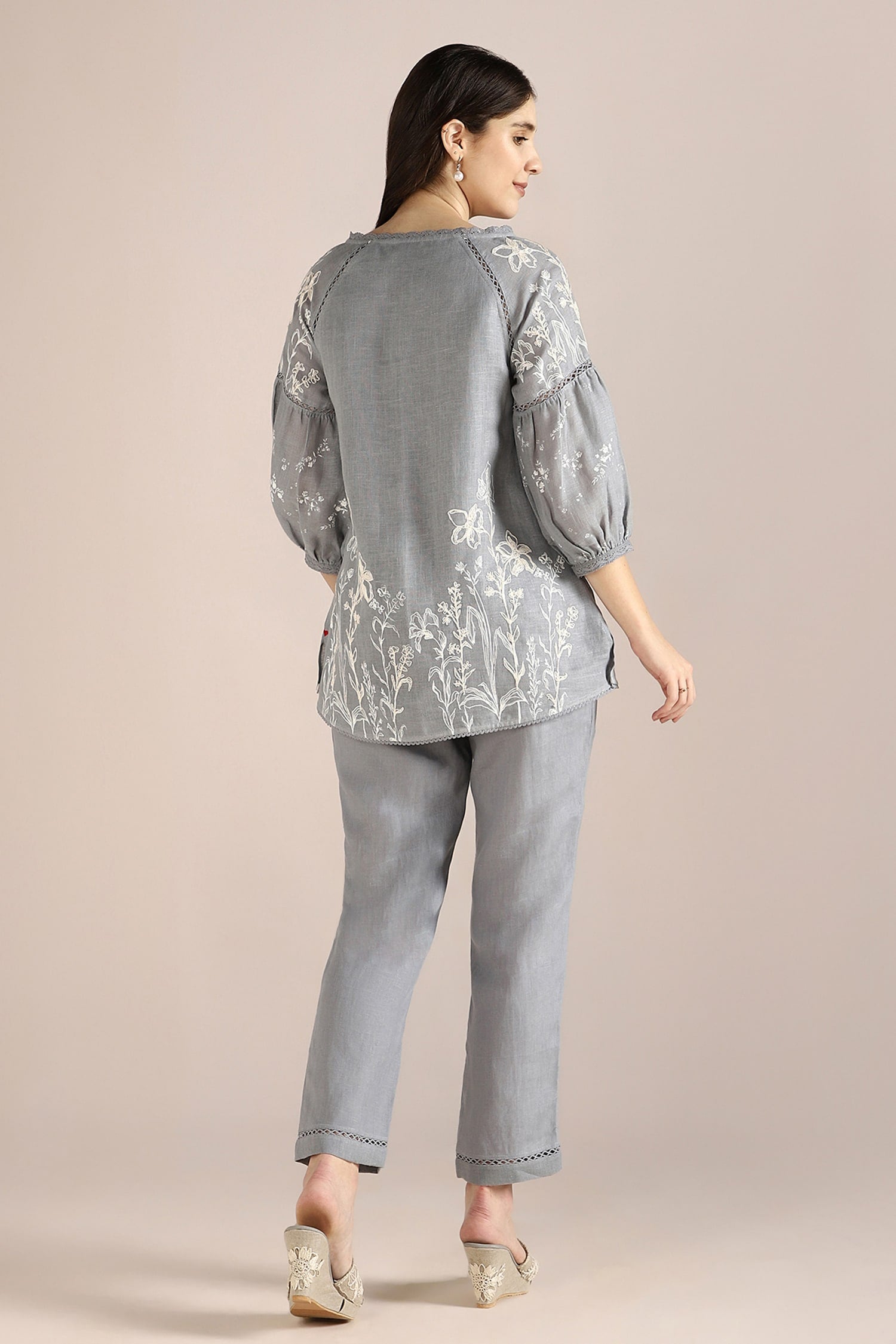 Blue 100% Linen Hand Drawn Floral Savannah Kismat Top With Pant For Women