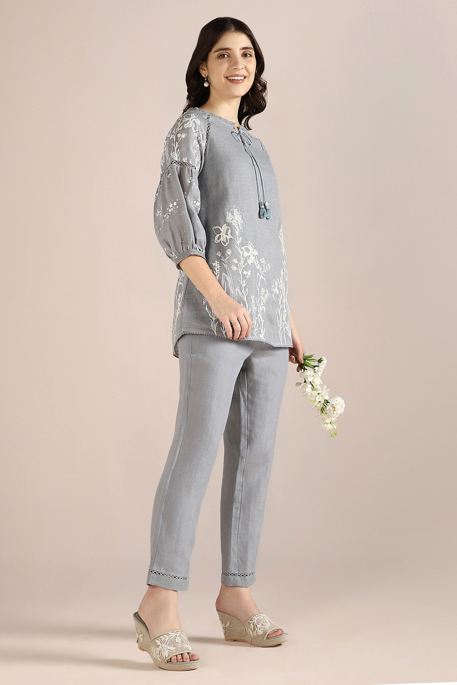 Blue 100% Linen Hand Drawn Floral Savannah Kismat Top With Pant For Women