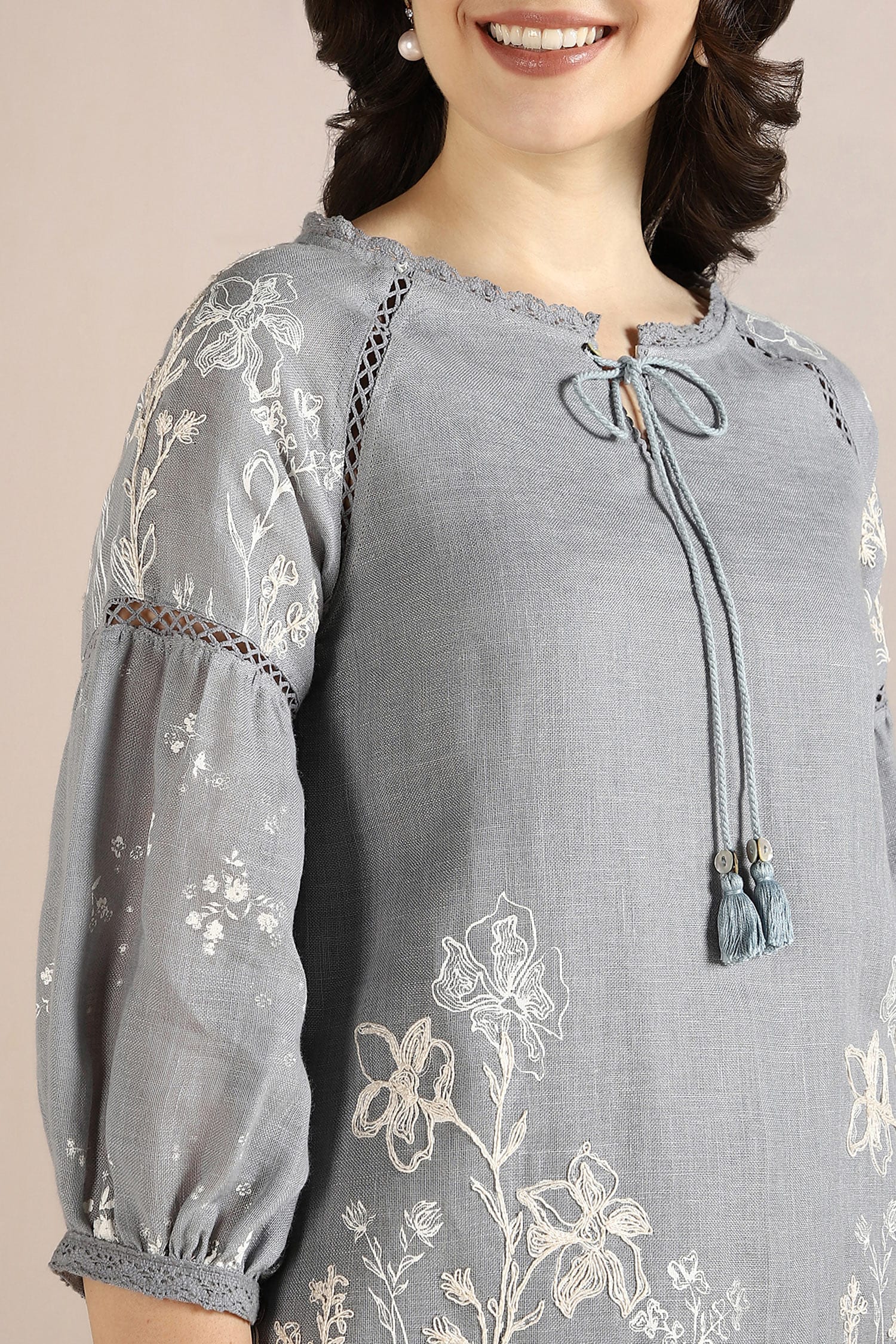 Blue 100% Linen Hand Drawn Floral Savannah Kismat Top With Pant For Women
