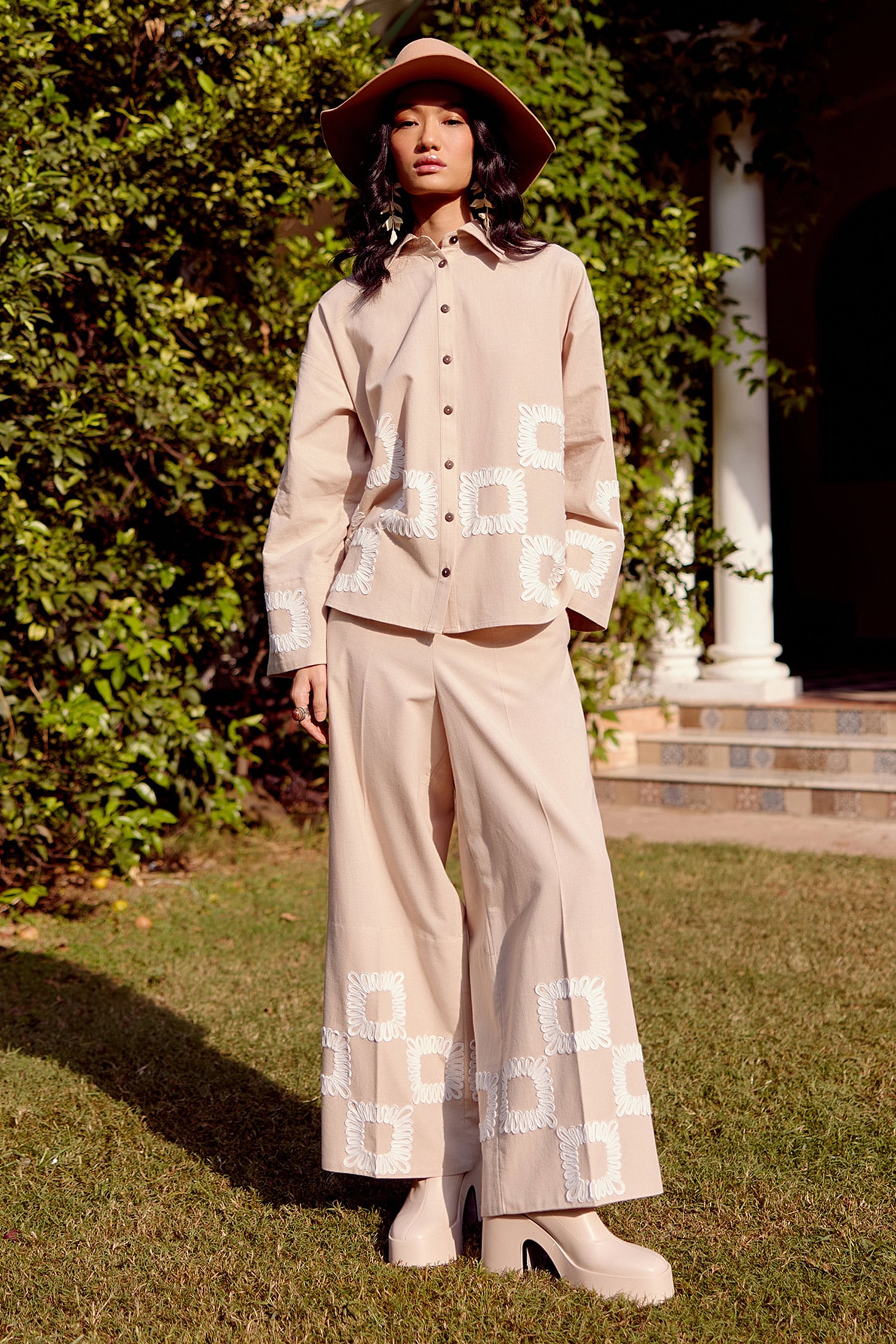 Beige Cotton Linen Embroidery Quad Swirl Cora Shirt With Trouser For Women