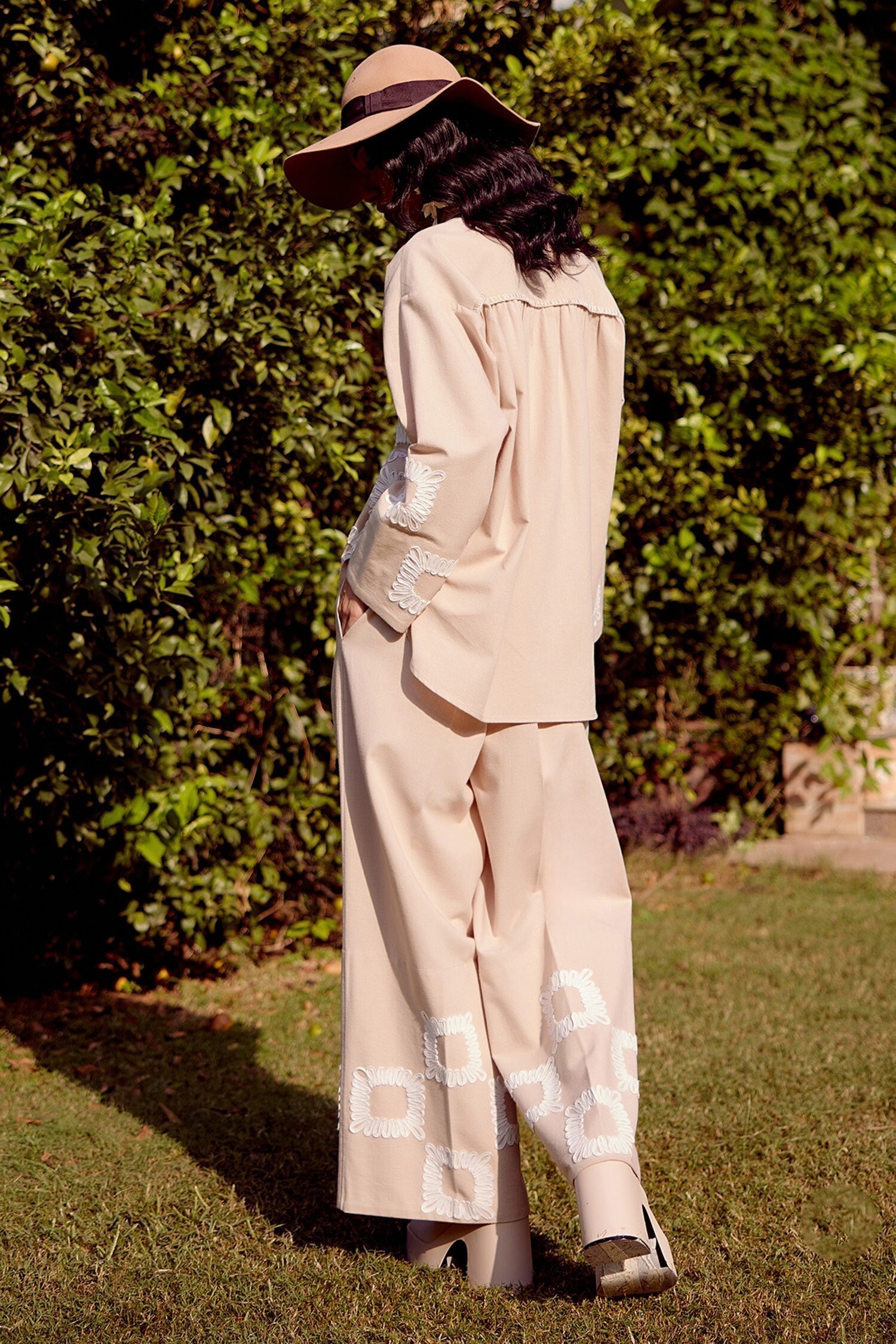 Beige Cotton Linen Embroidery Quad Swirl Cora Shirt With Trouser For Women