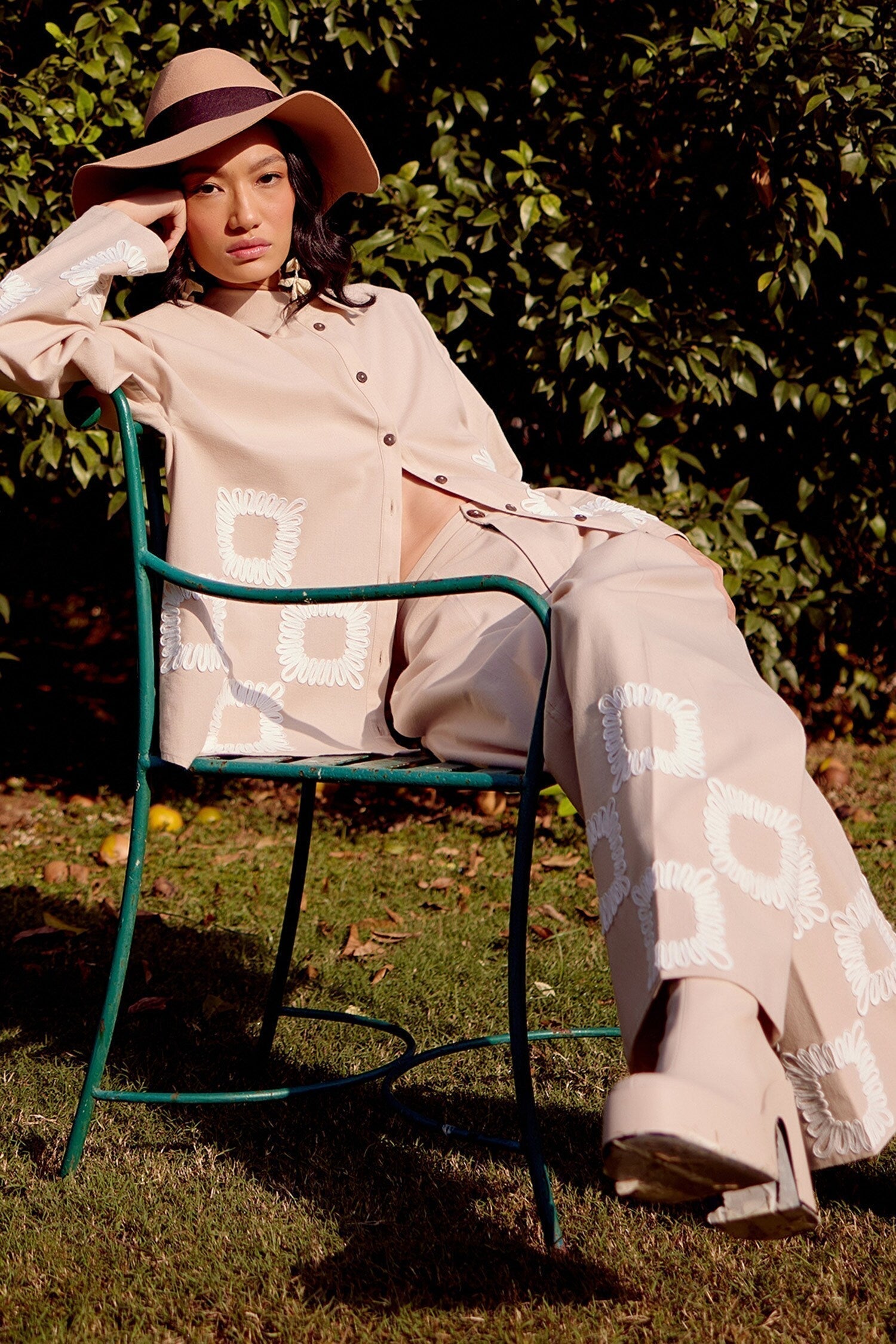 Beige Cotton Linen Embroidery Quad Swirl Cora Shirt With Trouser For Women