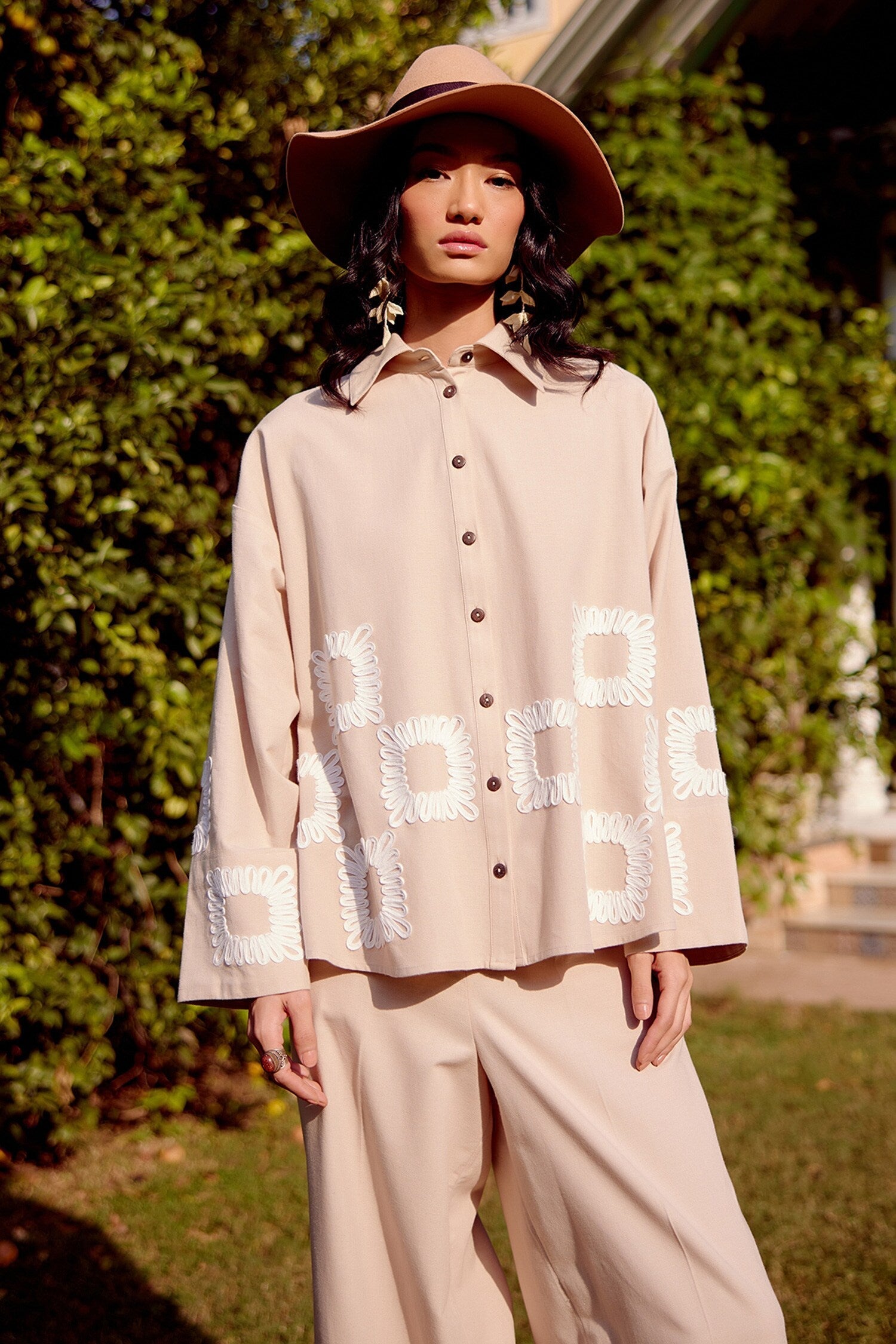 Beige Cotton Linen Embroidery Quad Swirl Cora Shirt With Trouser For Women