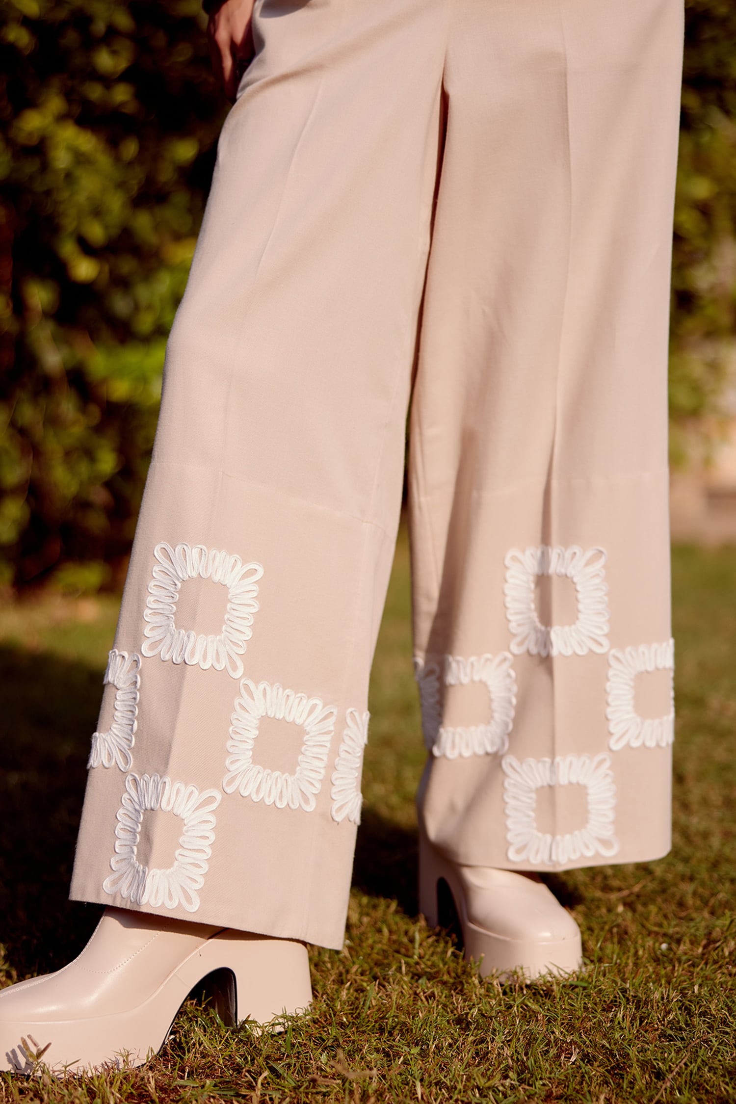 Beige Cotton Linen Embroidery Quad Swirl Cora Shirt With Trouser For Women