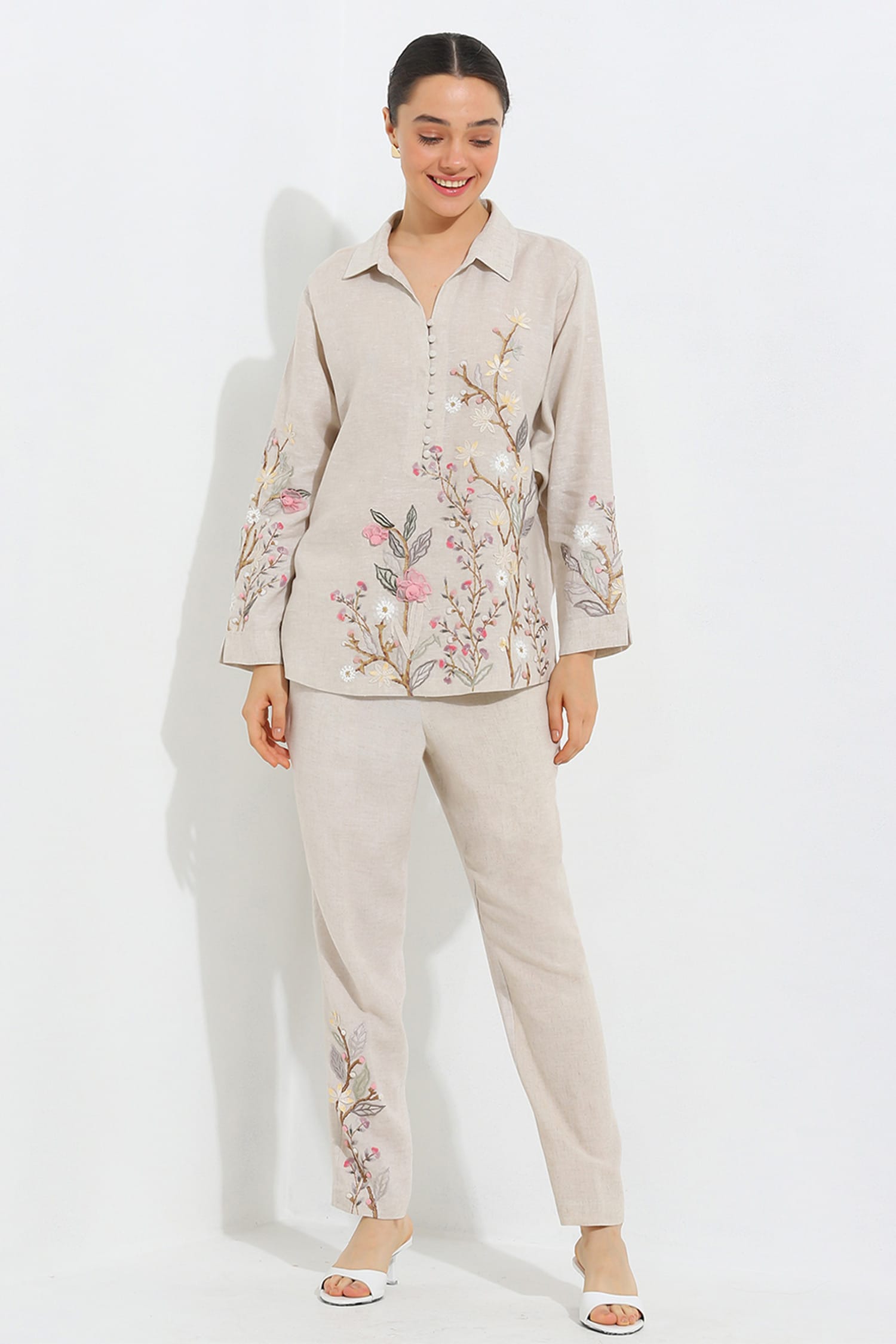 Beige Crepe Blend Threadwork 3-d Floral Elara Top With Pant For Women