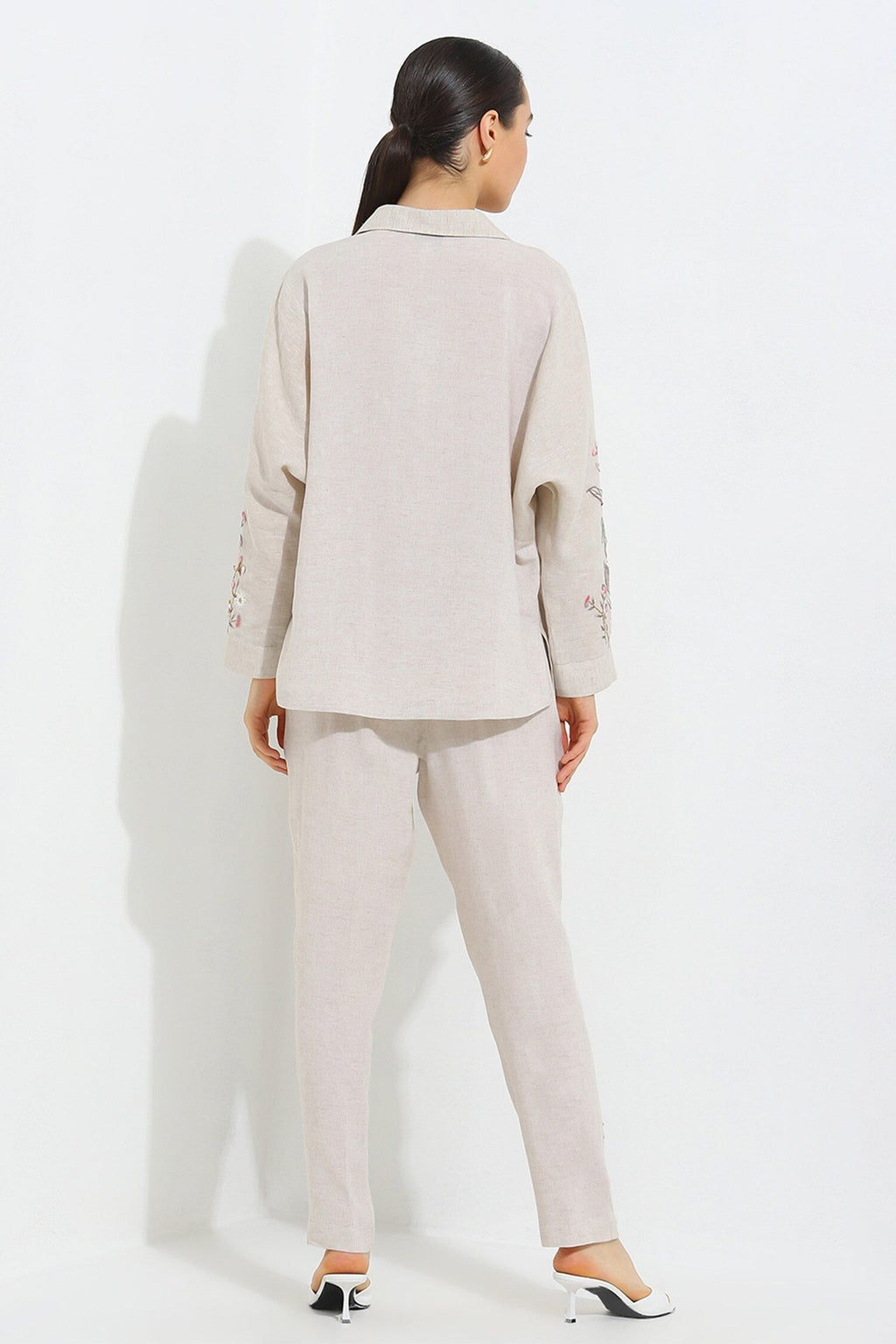 Beige Crepe Blend Threadwork 3-d Floral Elara Top With Pant For Women