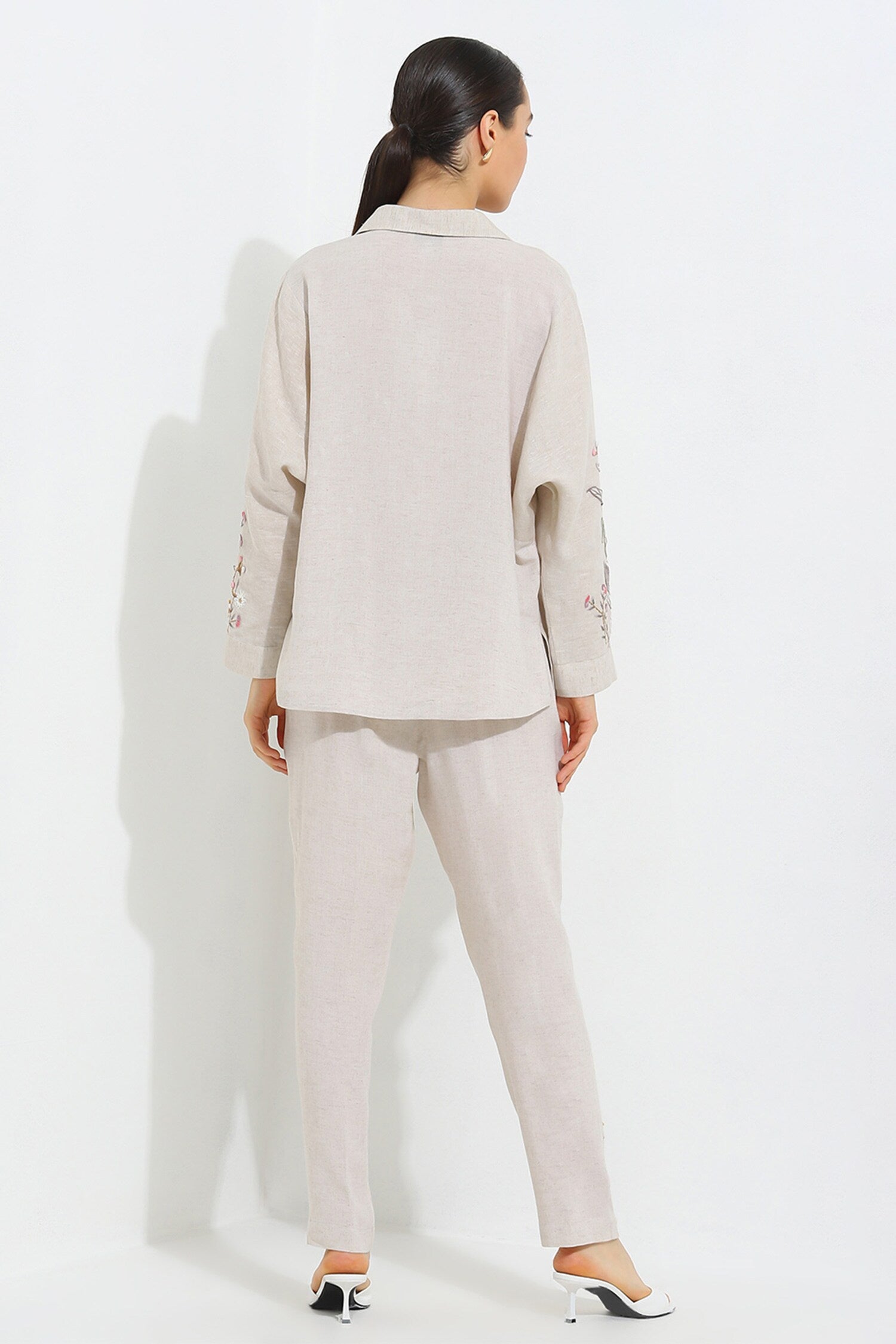 Beige Crepe Blend Threadwork 3-d Floral Elara Top With Pant For Women