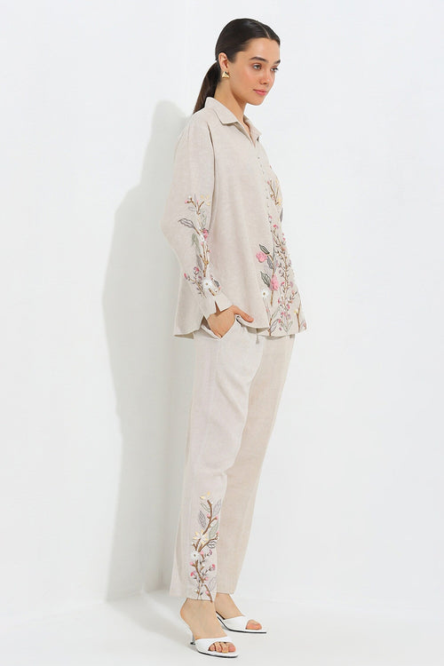 Beige Crepe Blend Threadwork 3-d Floral Elara Top With Pant For Women