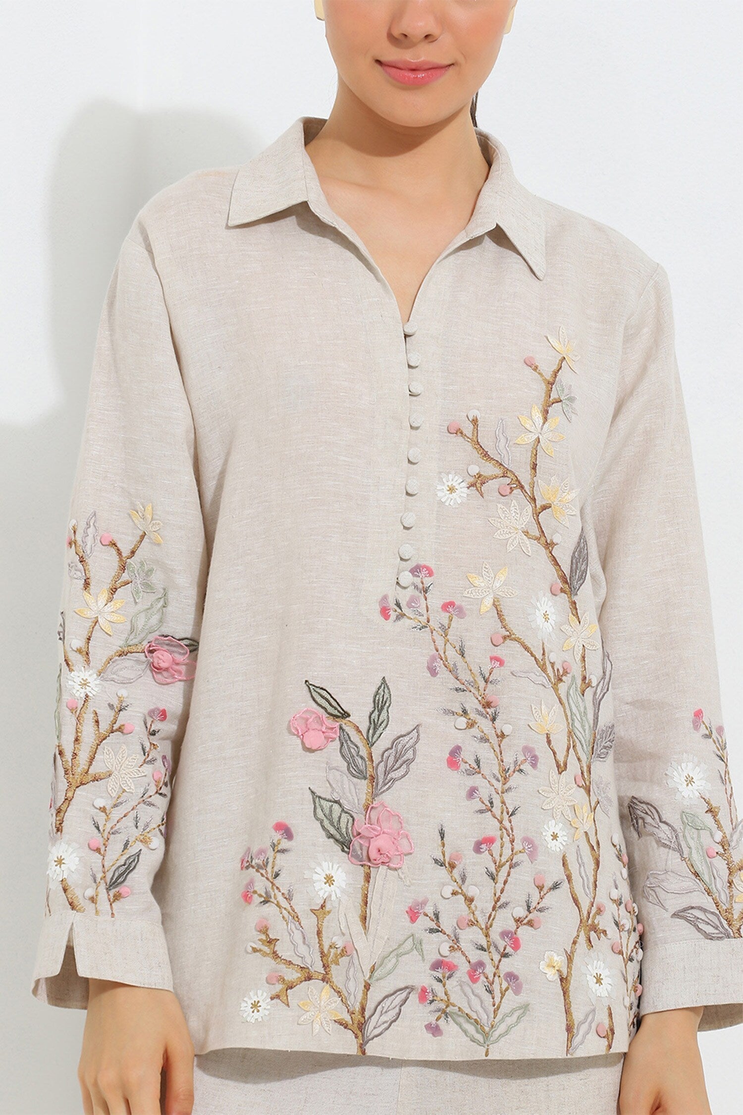 Beige Crepe Blend Threadwork 3-d Floral Elara Top With Pant For Women