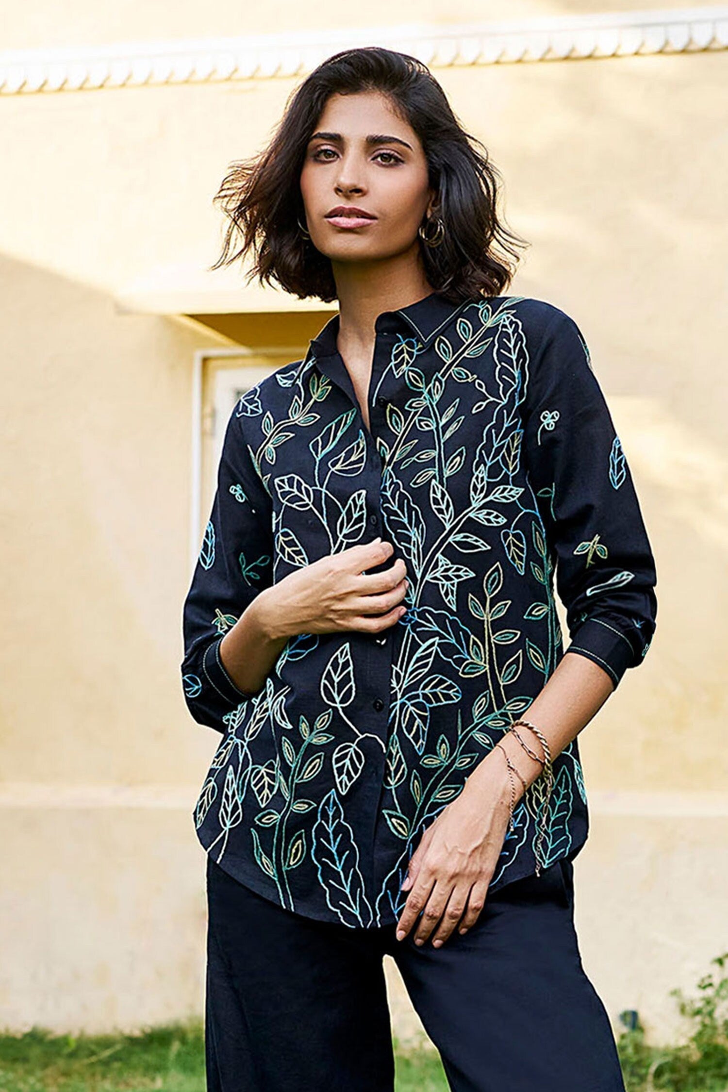 Black 45% Cotton + 55% Modal Hand Lush Sewa Shirt And Pant Set For Women