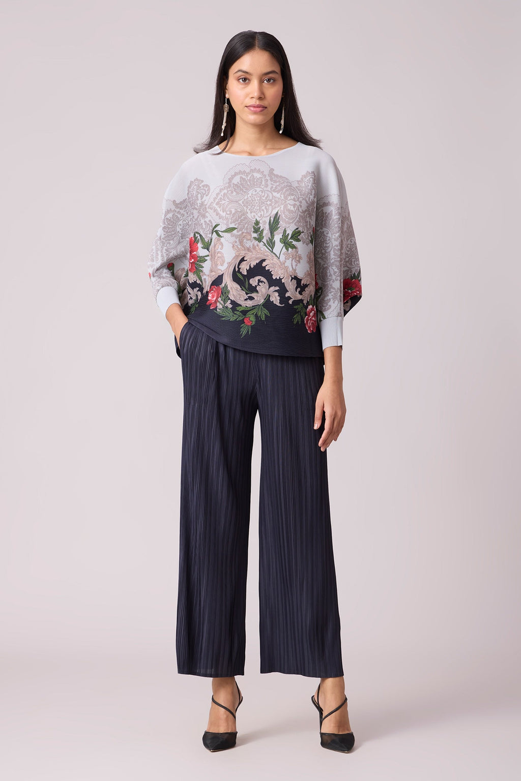 Blue 100% Polyester Printed Art Deco Floral Adela Top And Pant Set For Women